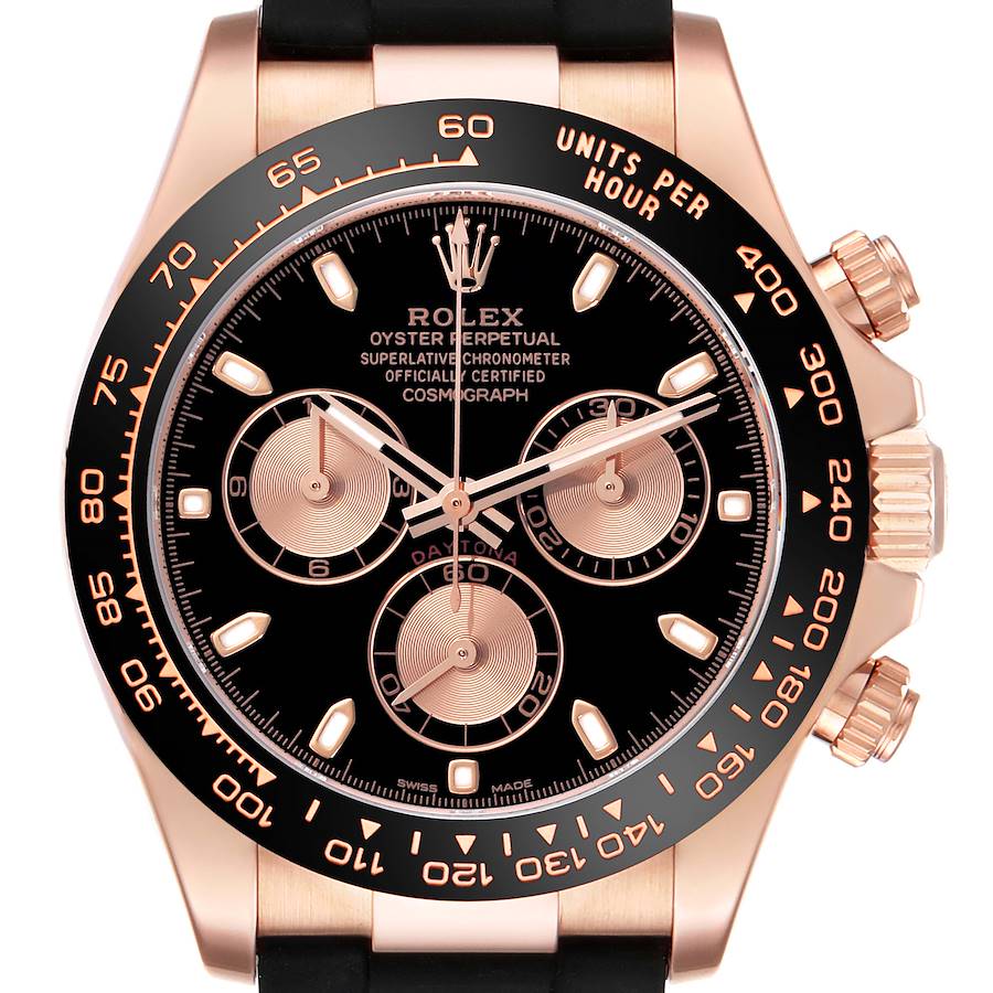 The image shows a frontal view of the Rolex Daytona watch, featuring its bezel, dial, and chronograph sub-dials.