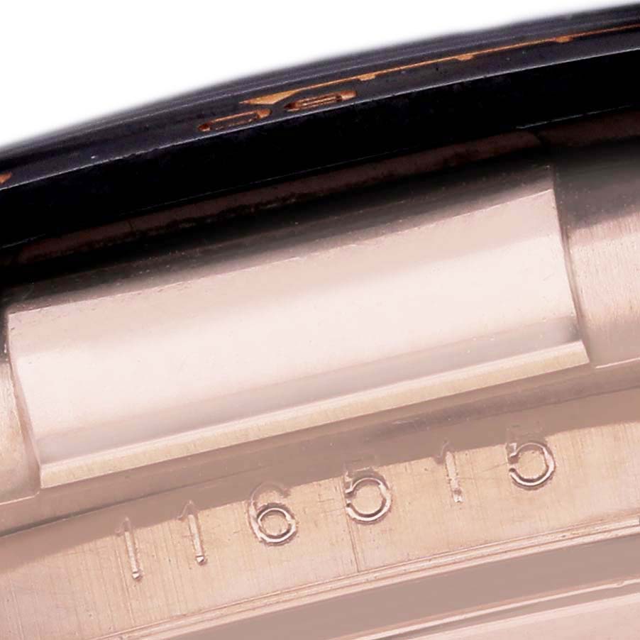 The image shows a close-up of the engraved serial number on the side of the Rolex Daytona 116515LN Men's Rose Gold Black Dial 116515LN Men's Rose Gold Black Dial watch case.