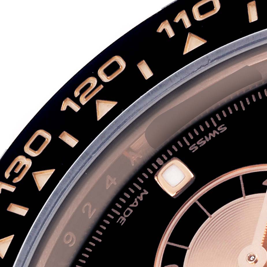 The image shows a close-up of the bezel and dial edge of a Rolex Daytona 116515LN Men's Rose Gold Black Dial 116515LN Men's Rose Gold Black Dial watch, highlighting the tachymetric scale.