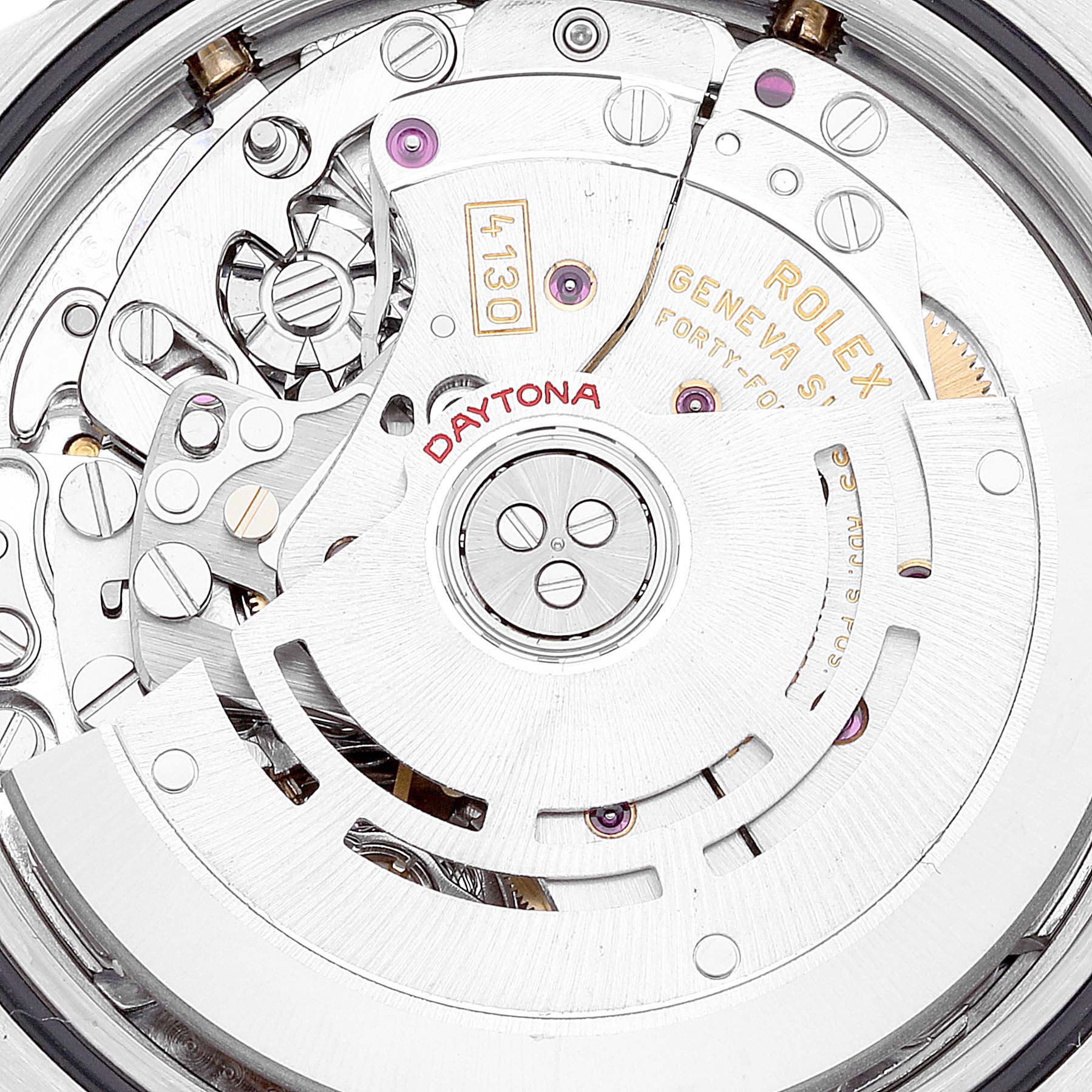 This image shows the intricate movement and internal mechanism of a Rolex Daytona 116523 Men's Steel and Gold (two tone) Black Dial 116523 Men's Steel and Gold (two tone) Black Dial watch, viewed from the back.