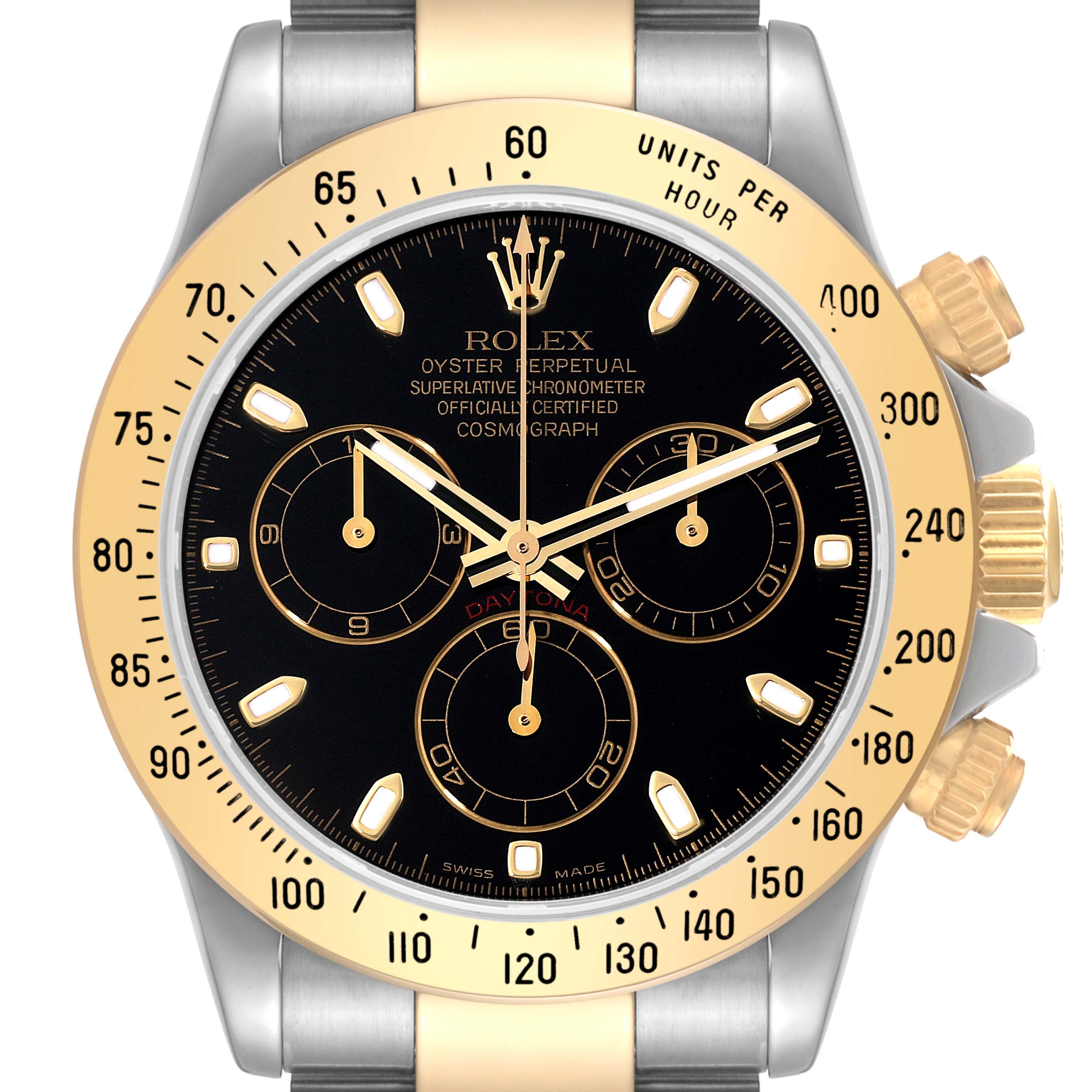 The image shows a front view of a Rolex Daytona 116523 Men's Steel and Gold (two tone) Black Dial 116523 Men's Steel and Gold (two tone) Black Dial watch, highlighting the dial, hands, subdials, bezel, and crown.