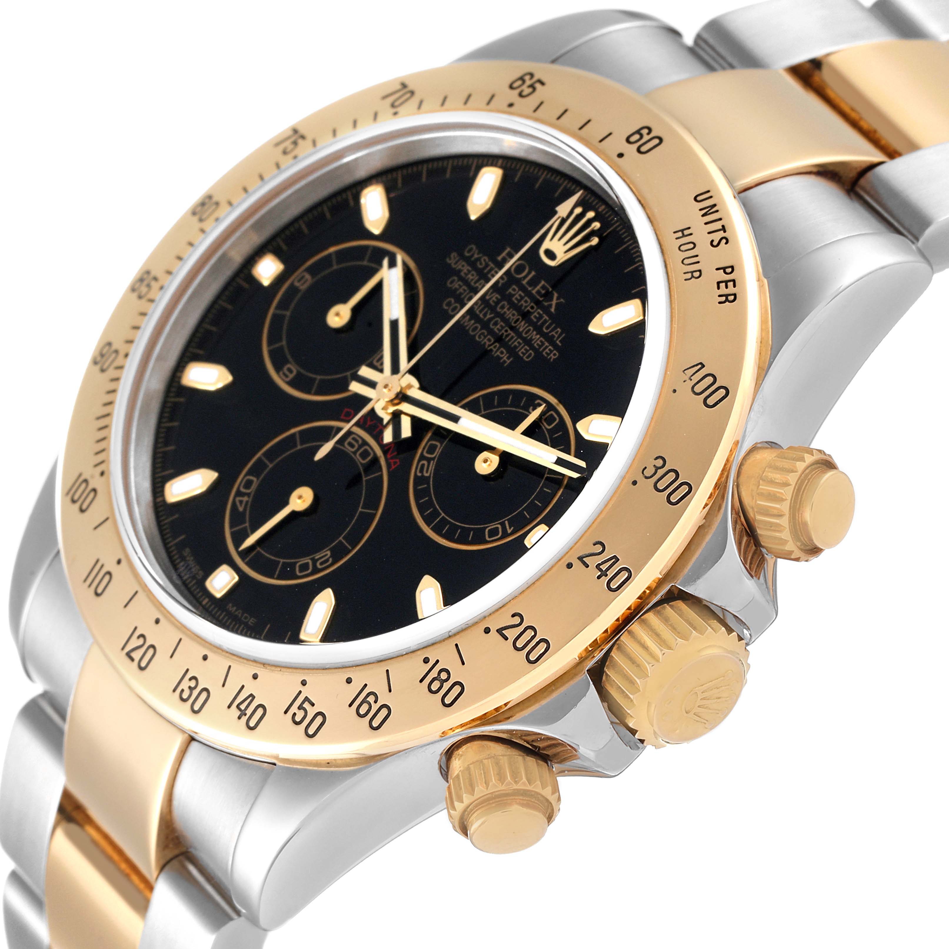 The Rolex Daytona 116523 Men's Steel and Gold (two tone) Black Dial 116523 Men's Steel and Gold (two tone) Black Dial watch is shown at a side angle, highlighting the bezel, dial, pushers, and crown.