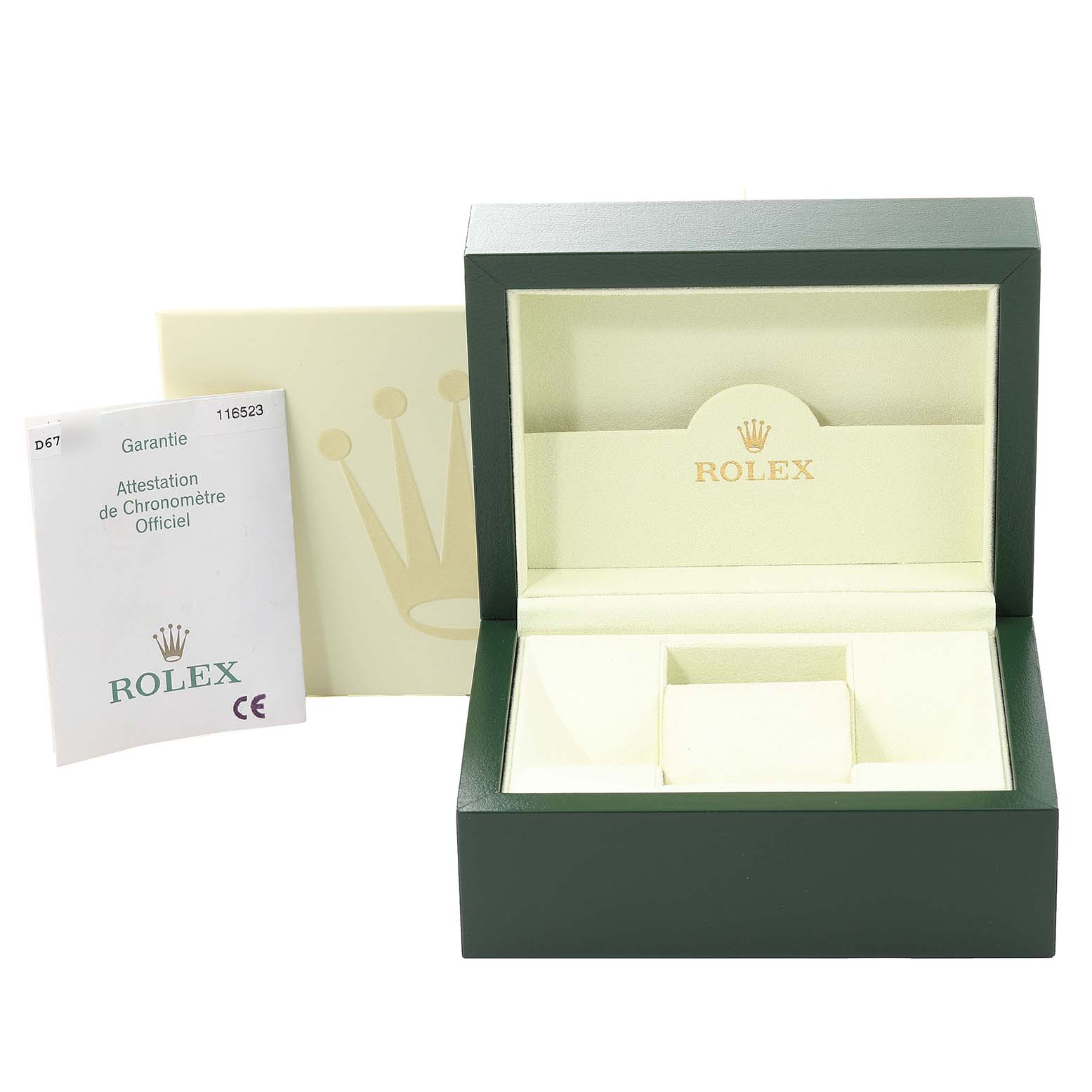 The image shows a Rolex Daytona 116523 Men's Steel and Gold (two tone) Black Dial 116523 Men's Steel and Gold (two tone) Black Dial watch box and accompanying guarantee certificate from the front angle.