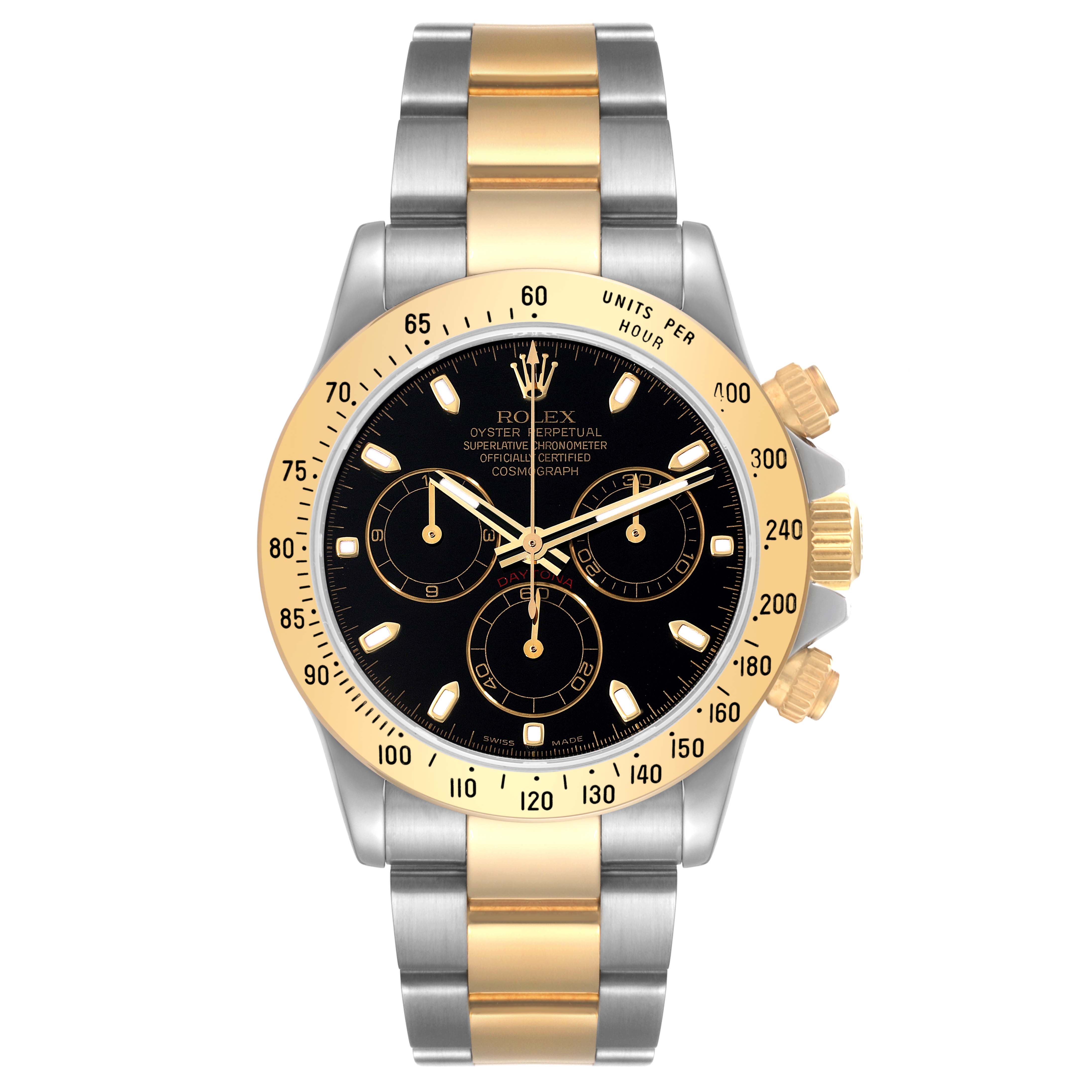 The image shows a front view of a Rolex Daytona 116523 Men's Steel and Gold (two tone) Black Dial 116523 Men's Steel and Gold (two tone) Black Dial watch with a black dial, gold bezel, and a two-tone bracelet.