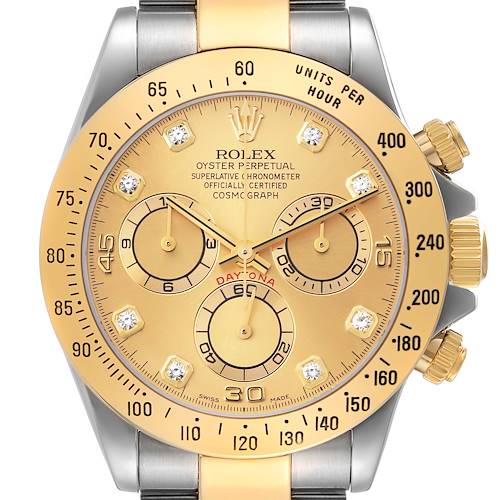 Photo of Rolex Daytona Yellow Gold Steel Champagne Diamond Dial Watch 116523 Box Papers