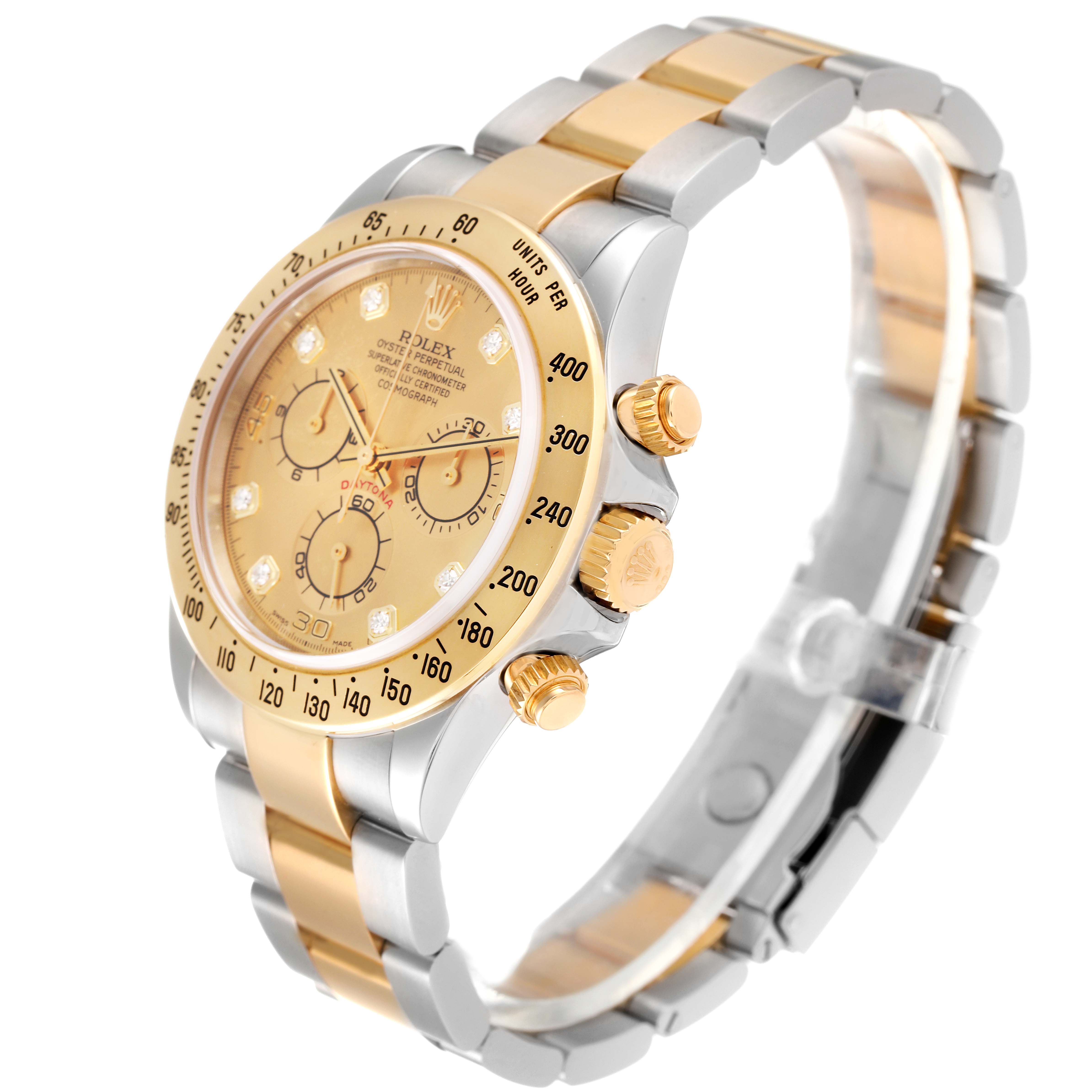 The image shows a side and front angle view of a Rolex Daytona 116523 Men's Steel and Gold (two tone) Champagne Dial 116523 Men's Steel and Gold (two tone) Champagne Dial watch, highlighting its face, bezel, and bracelet.