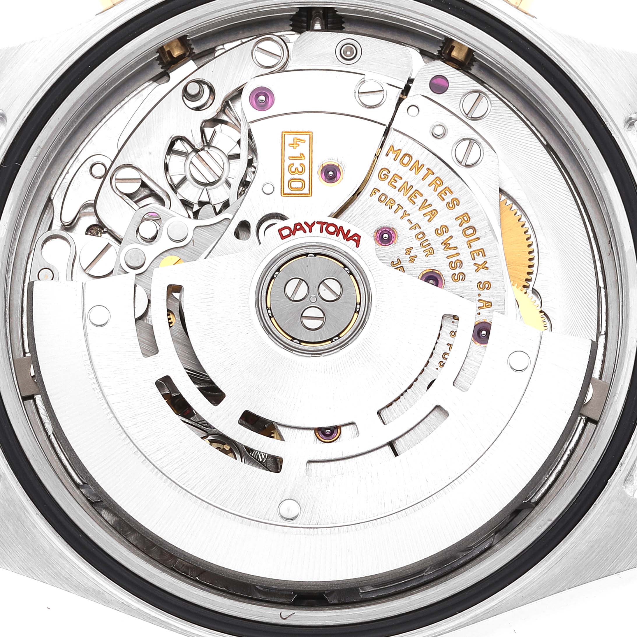 This image shows the open caseback of a Rolex Daytona 116523 Men's Steel and Gold (two tone) Champagne Dial 116523 Men's Steel and Gold (two tone) Champagne Dial watch, revealing its intricate internal movement and components.