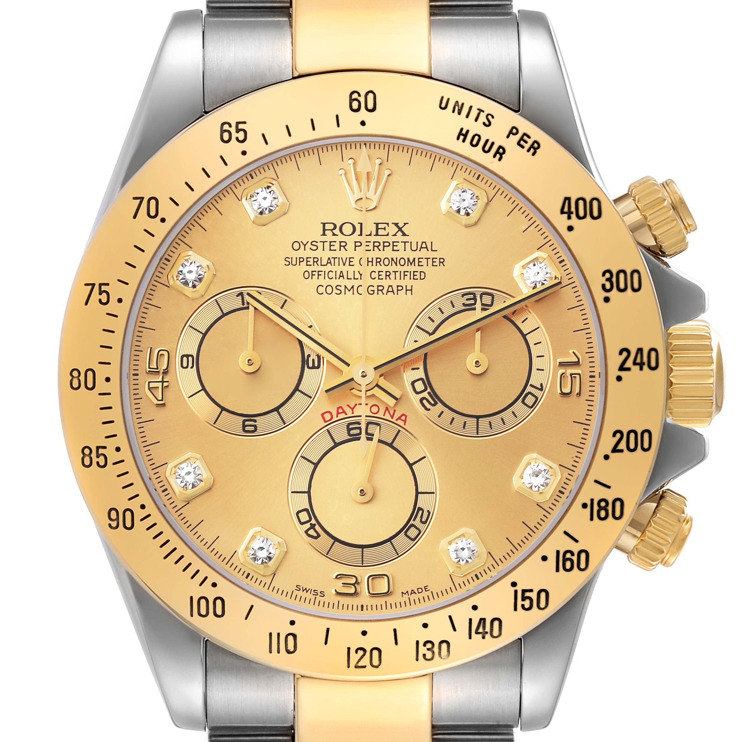 This image shows a front view of the Rolex Daytona 116523 Men's Steel and Gold (two tone) Champagne Dial 116523 Men's Steel and Gold (two tone) Champagne Dial watch, highlighting the dial, indices, subdials, and bezels.