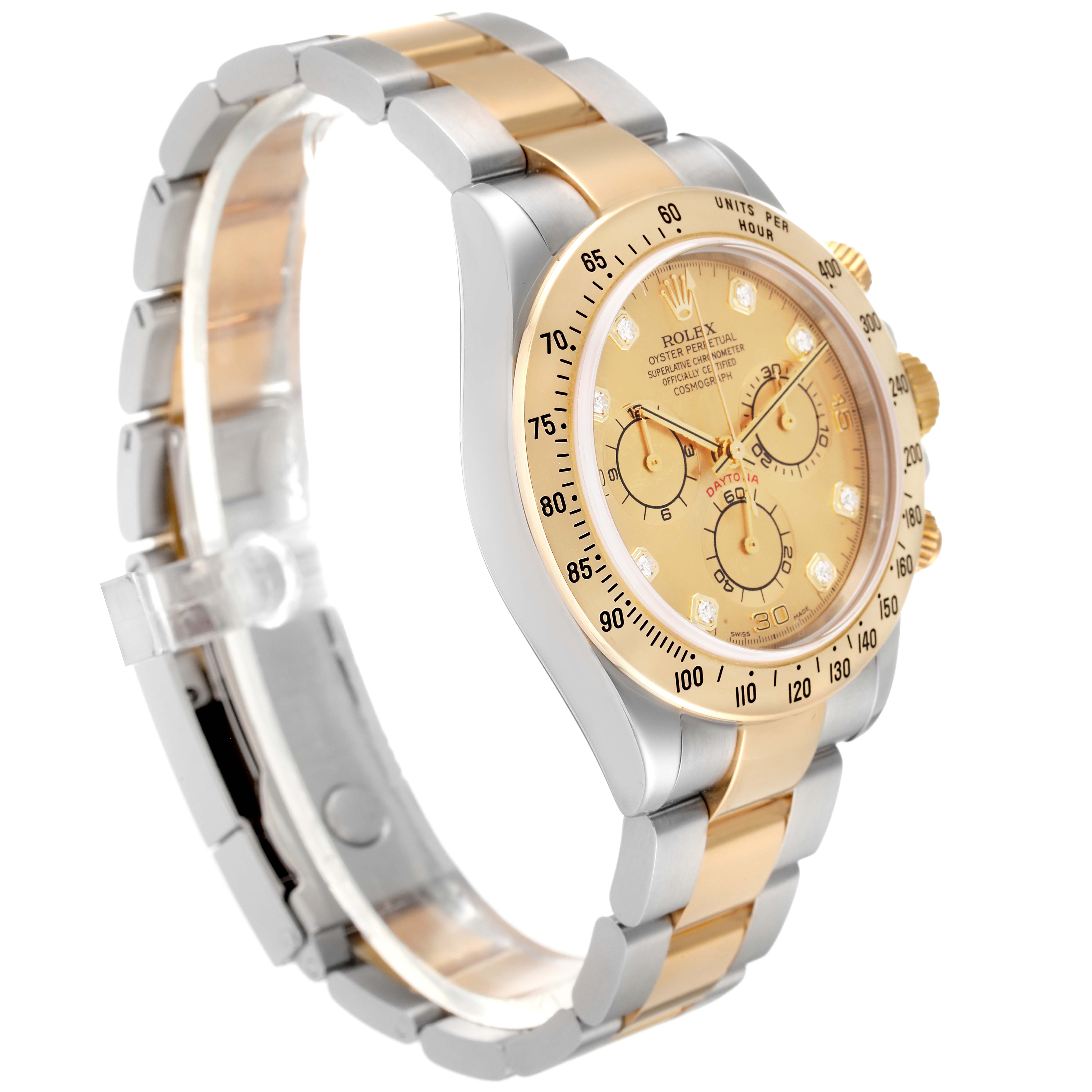 This image shows the Rolex Daytona 116523 Men's Steel and Gold (two tone) Champagne Dial 116523 Men's Steel and Gold (two tone) Champagne Dial watch at a three-quarter angle, highlighting its dial, bezel, and bracelet.