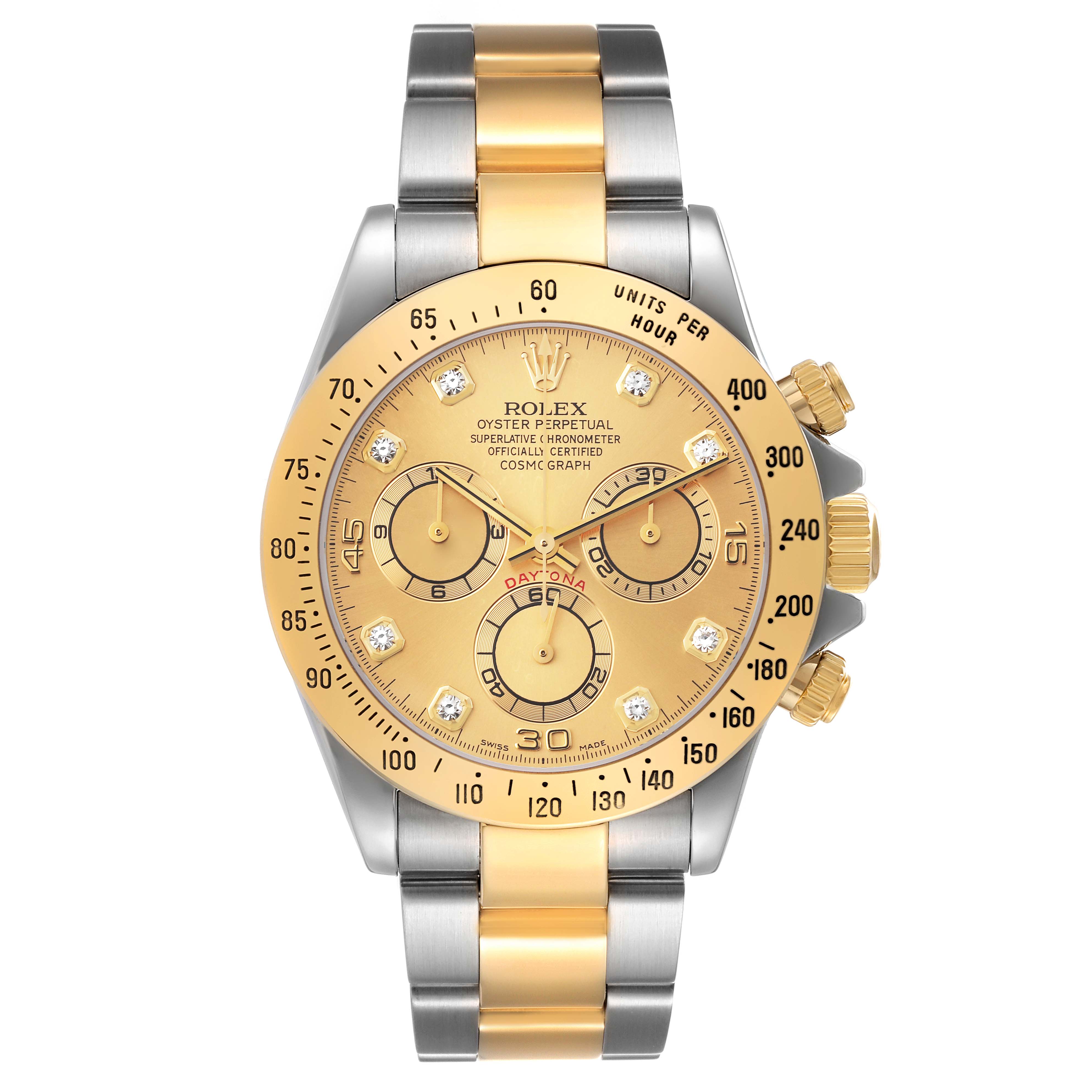 This image shows a frontal view of a Rolex Daytona 116523 Men's Steel and Gold (two tone) Champagne Dial 116523 Men's Steel and Gold (two tone) Champagne Dial watch with a gold and silver bracelet, featuring gold dials and chronograph sub-dials.