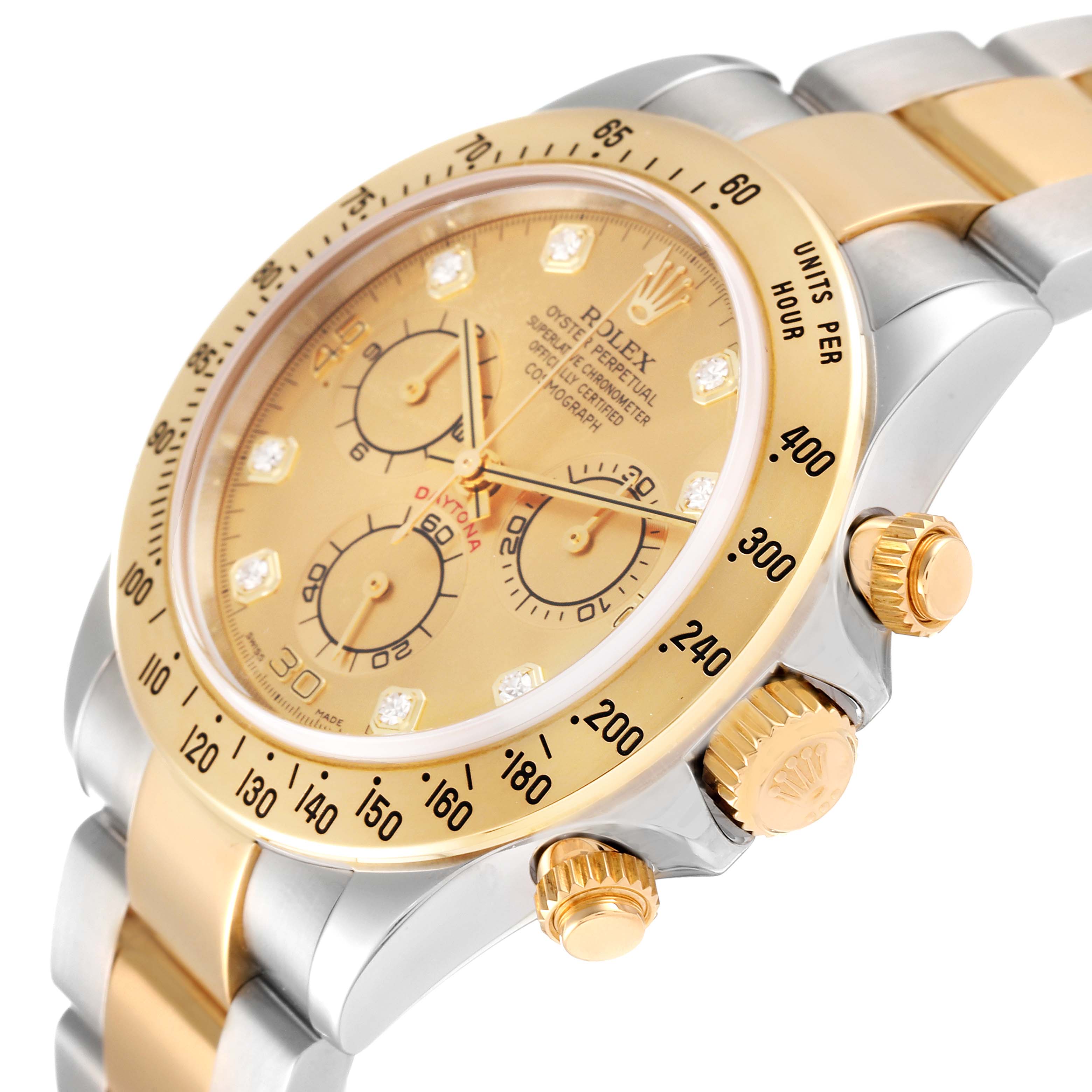 The image shows a close-up angled view of a Rolex Daytona 116523 Men's Steel and Gold (two tone) Champagne Dial 116523 Men's Steel and Gold (two tone) Champagne Dial watch, highlighting its dial, bezel, and crown.