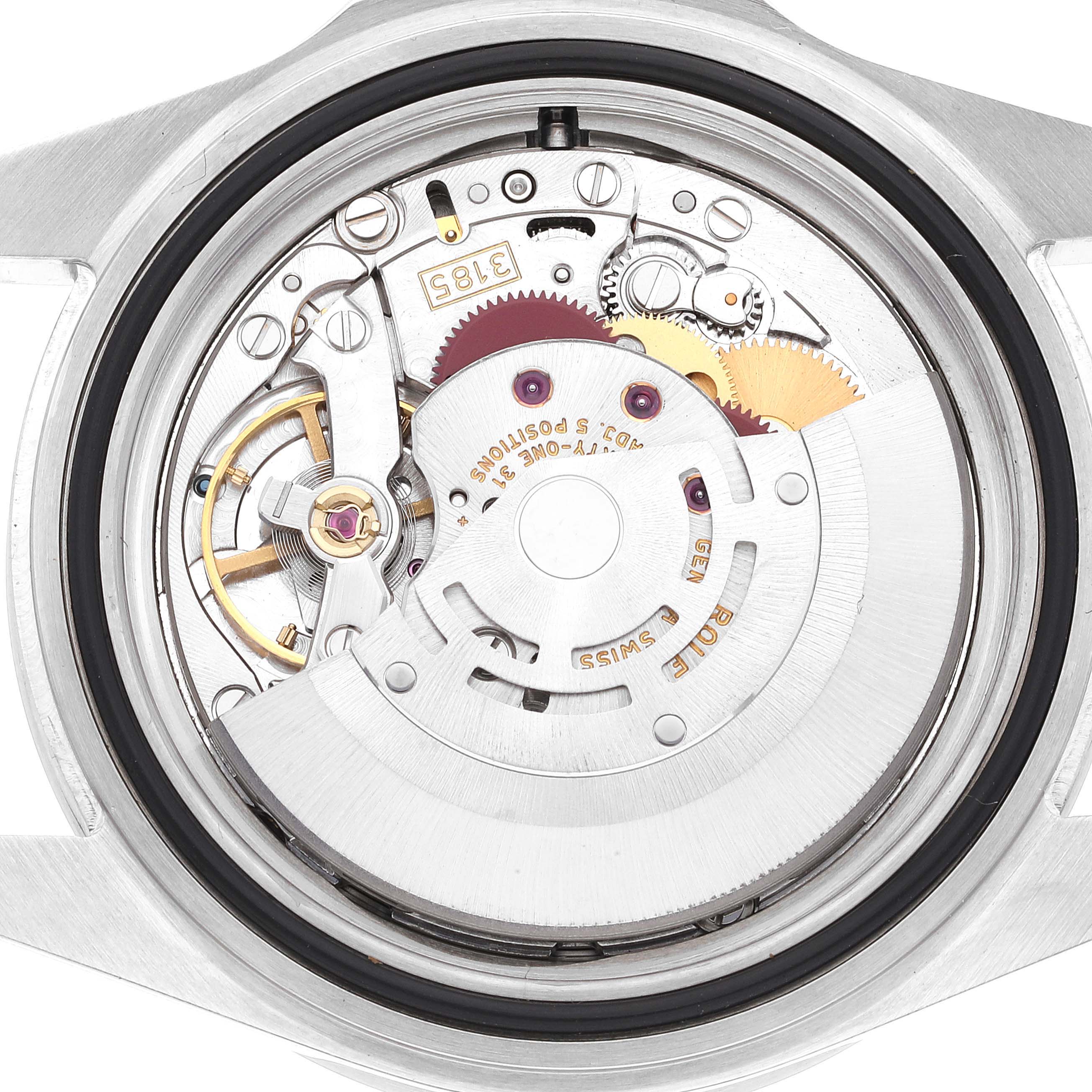 The image shows the internal mechanism of the Rolex Explorer 16570 Men
s Stainless Steel Black Dial 16570 Men
s Stainless Steel Black Dial watch, highlighting its intricate movement parts.