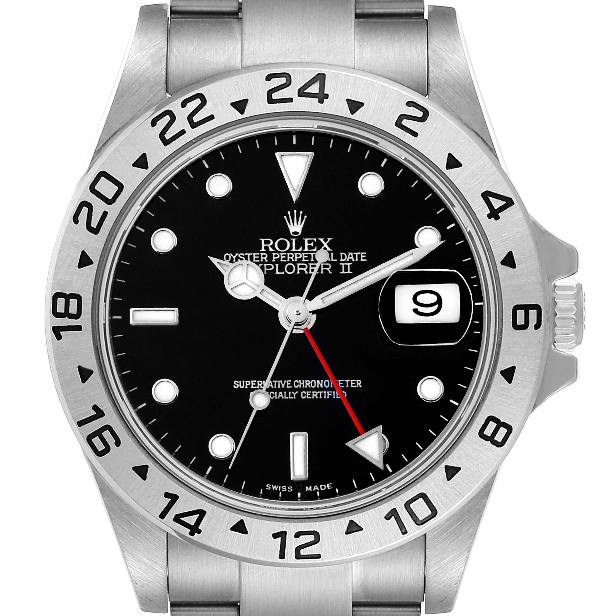 The image shows a front view of a Rolex Explorer 16570 Men
s Stainless Steel Black Dial 16570 Men
s Stainless Steel Black Dial watch, highlighting its black dial, date display, and stainless steel bezel.