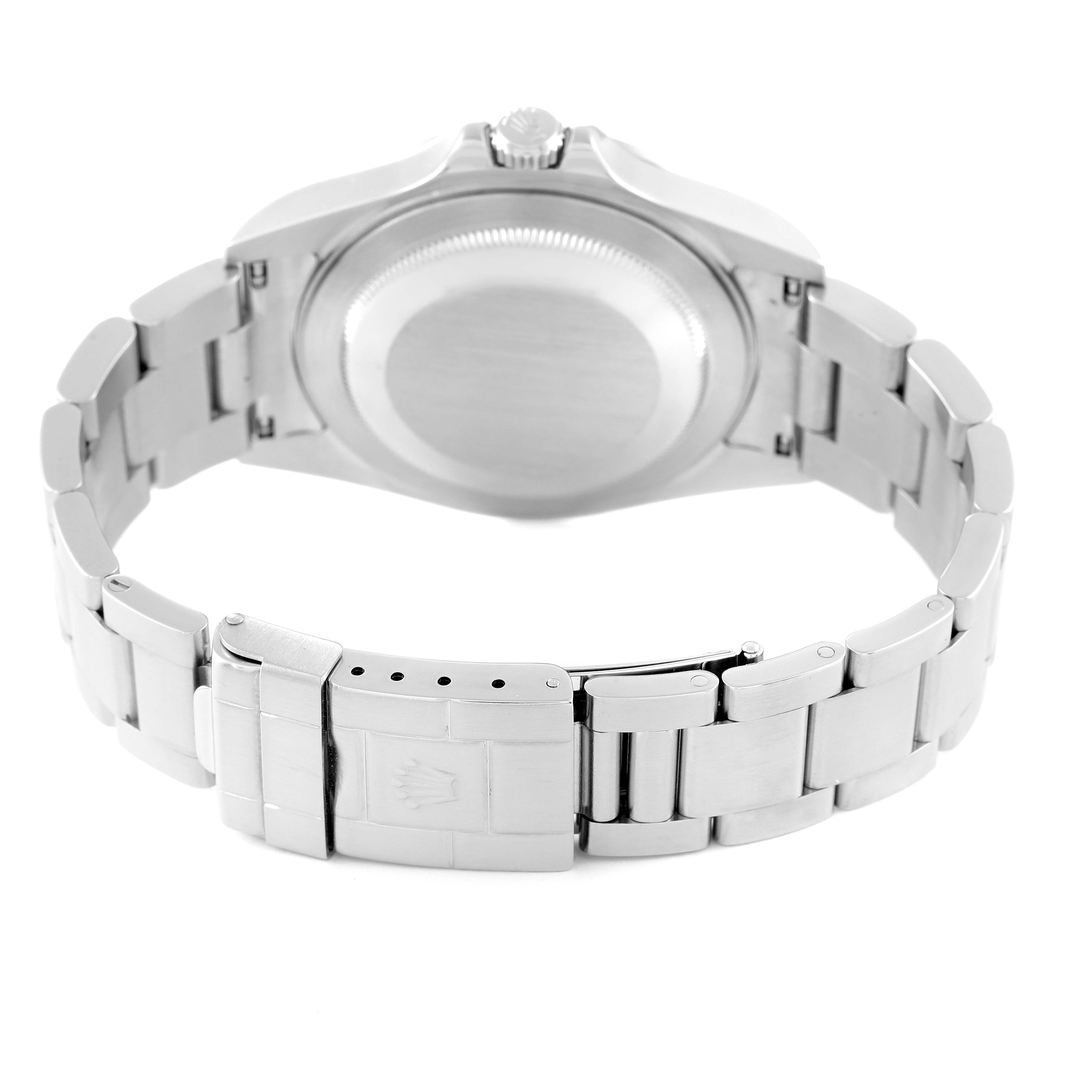 This image shows the back view of the Rolex Explorer 16570 Men
s Stainless Steel Black Dial 16570 Men
s Stainless Steel Black Dial, highlighting its case back, crown, and bracelet clasp.