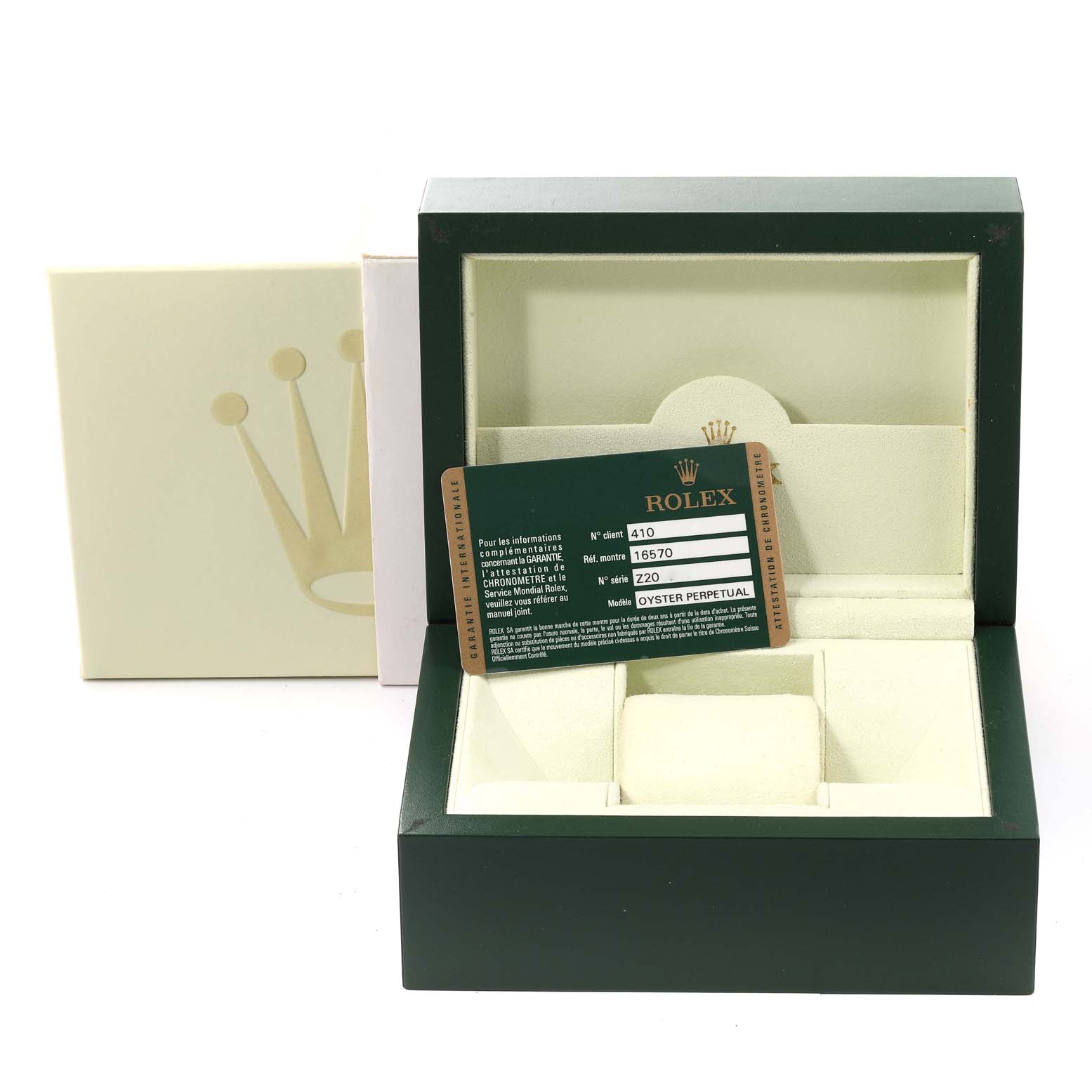 The image shows an open Rolex Explorer 16570 Men
s Stainless Steel Black Dial 16570 Men
s Stainless Steel Black Dial watch box with a warranty card, viewed from the front.