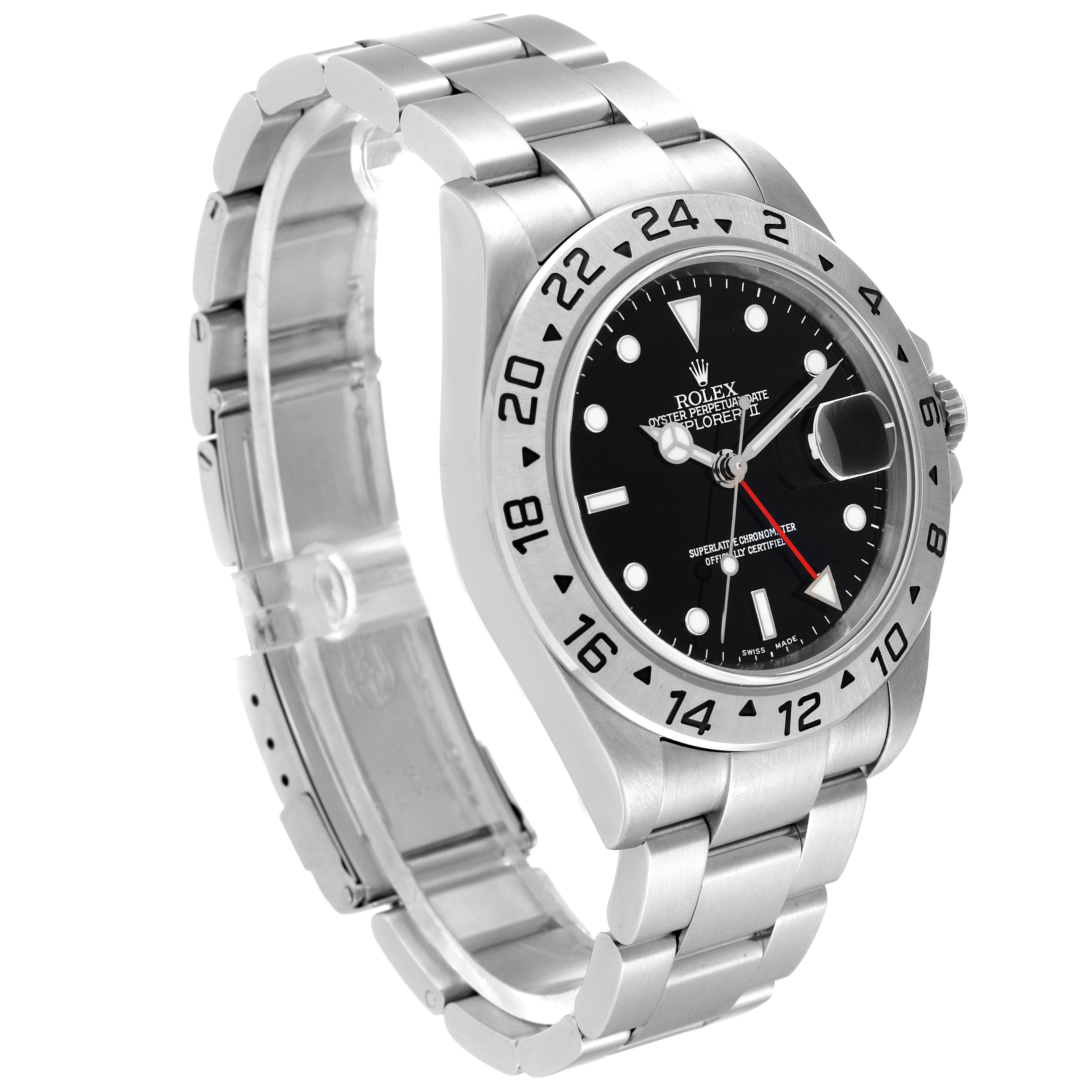 The Rolex Explorer 16570 Men
s Stainless Steel Black Dial 16570 Men
s Stainless Steel Black Dial watch is shown at an angled side view, displaying the dial, bezel, and part of the bracelet.
