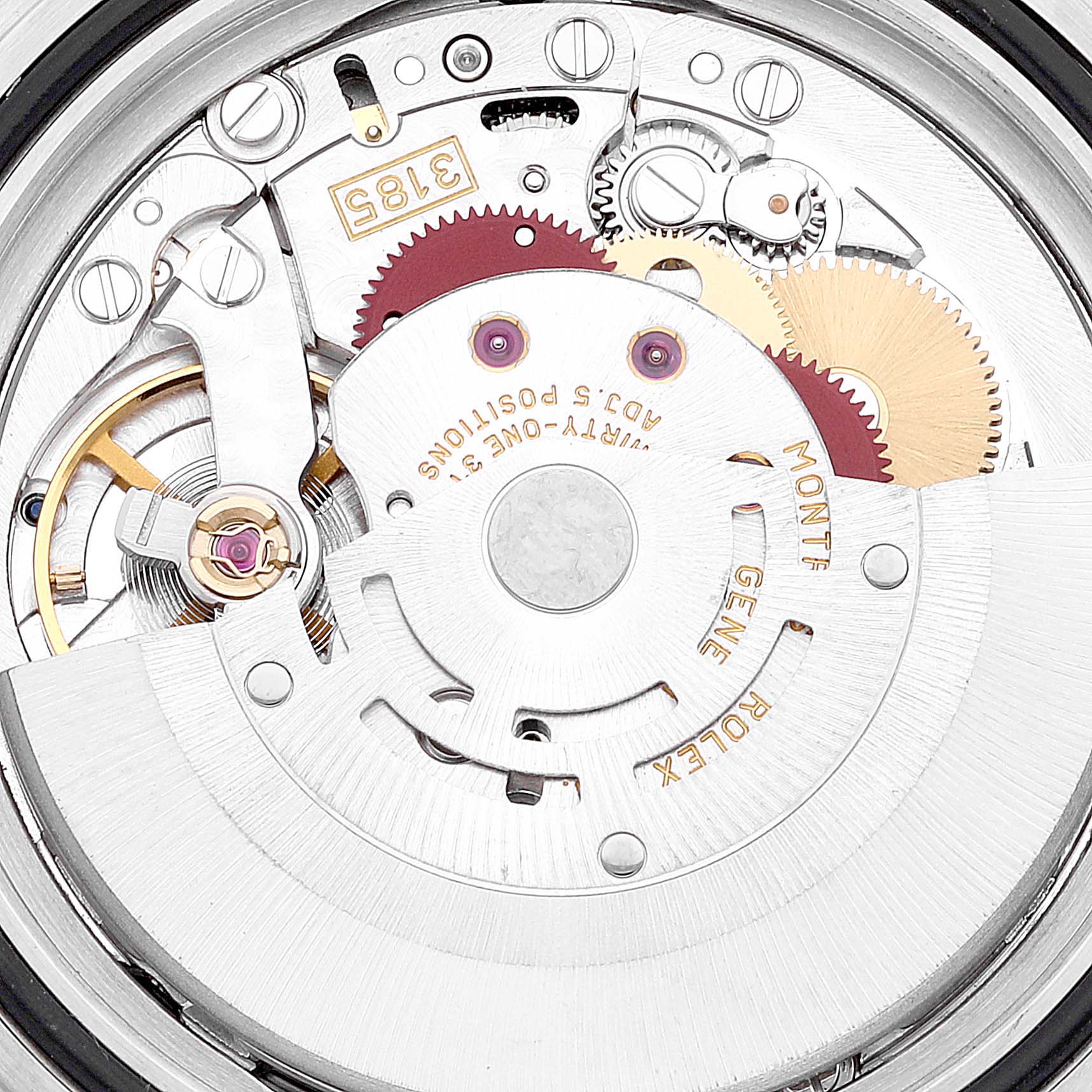 This image shows the internal movement mechanism of a Rolex Explorer 16570 Men
s Stainless Steel Black Dial 16570 Men
s Stainless Steel Black Dial watch from a close-up, top-down angle.