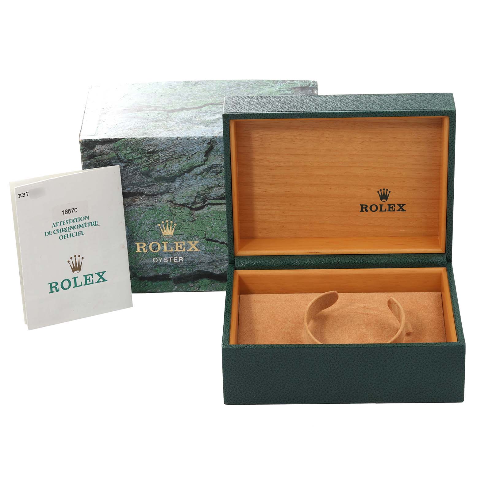 The image shows an open Rolex Explorer 16570 Men
s Stainless Steel Black Dial 16570 Men
s Stainless Steel Black Dial watch box, its outer packaging, and accompanying documentation.