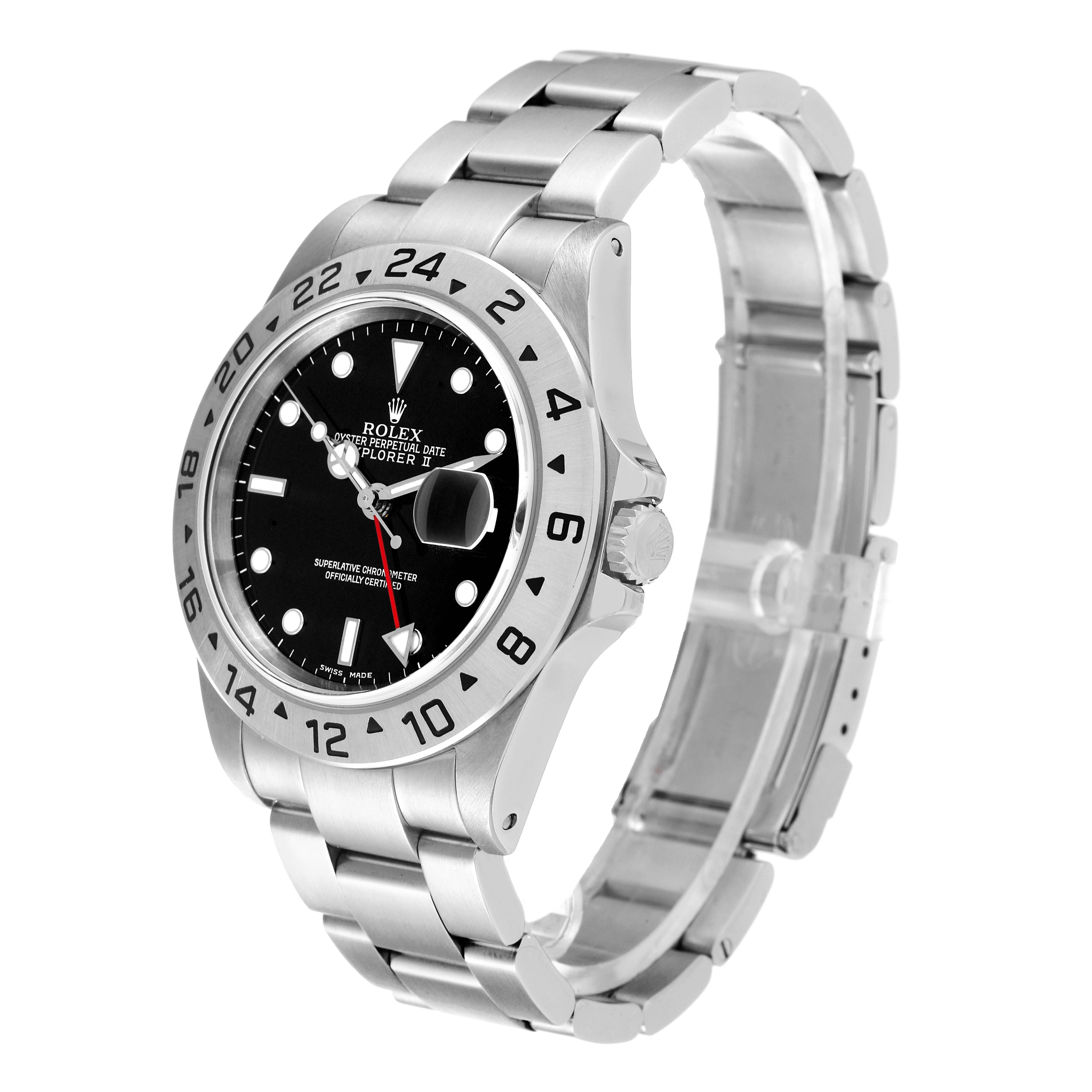 This image shows a side angle of a Rolex Explorer 16570 Men
s Stainless Steel Black Dial 16570 Men
s Stainless Steel Black Dial watch, showcasing its bezel, dial, and stainless steel bracelet.