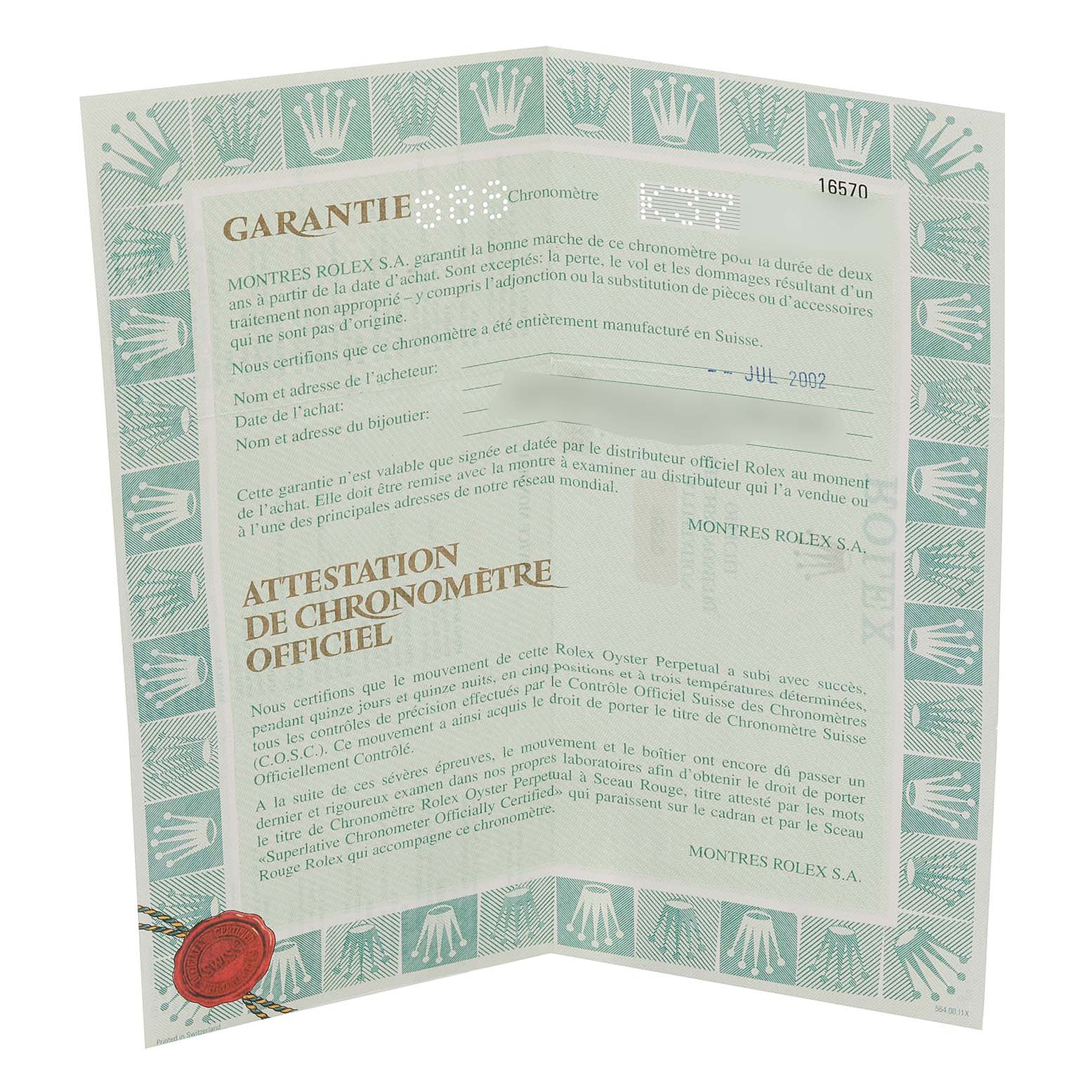 This image shows the warranty and chronometer certificate for the Rolex Explorer 16570 Men
s Stainless Steel Black Dial 16570 Men
s Stainless Steel Black Dial model.