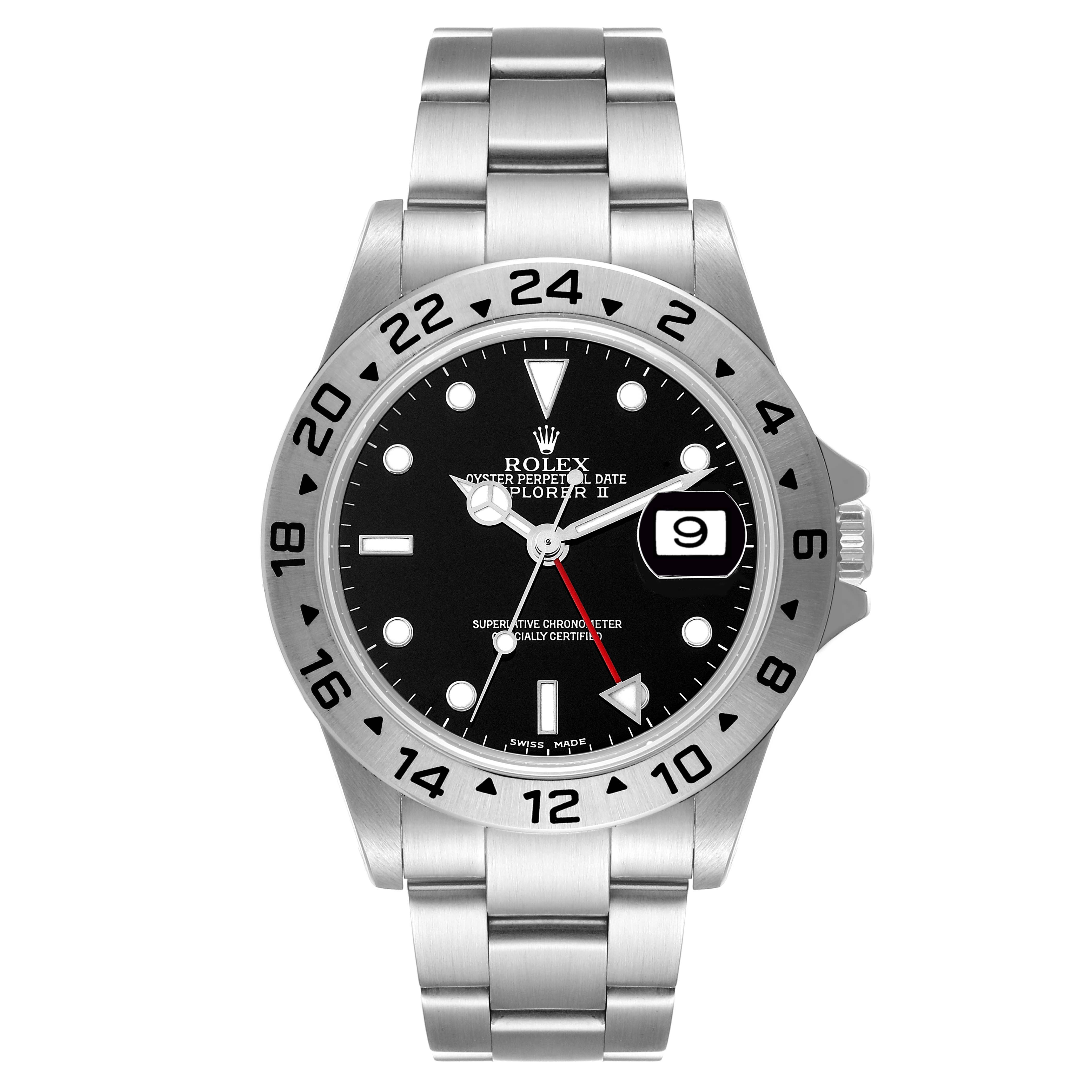 The Rolex Explorer 16570 Men
s Stainless Steel Black Dial 16570 Men
s Stainless Steel Black Dial model watch is shown from a front angle, displaying its dial, bezel, and bracelet.