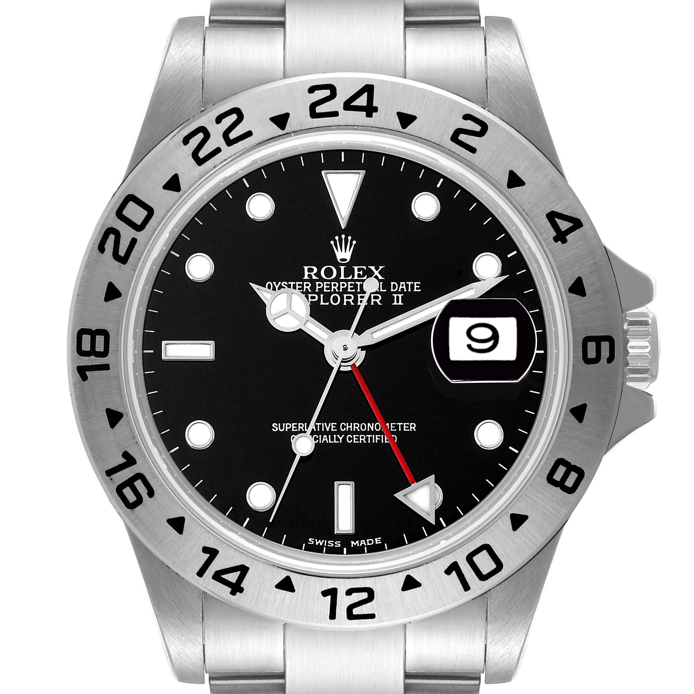 The image shows a front view of the Rolex Explorer 16570 Men
s Stainless Steel Black Dial 16570 Men
s Stainless Steel Black Dial watch, highlighting the bezel, dial, and date window.