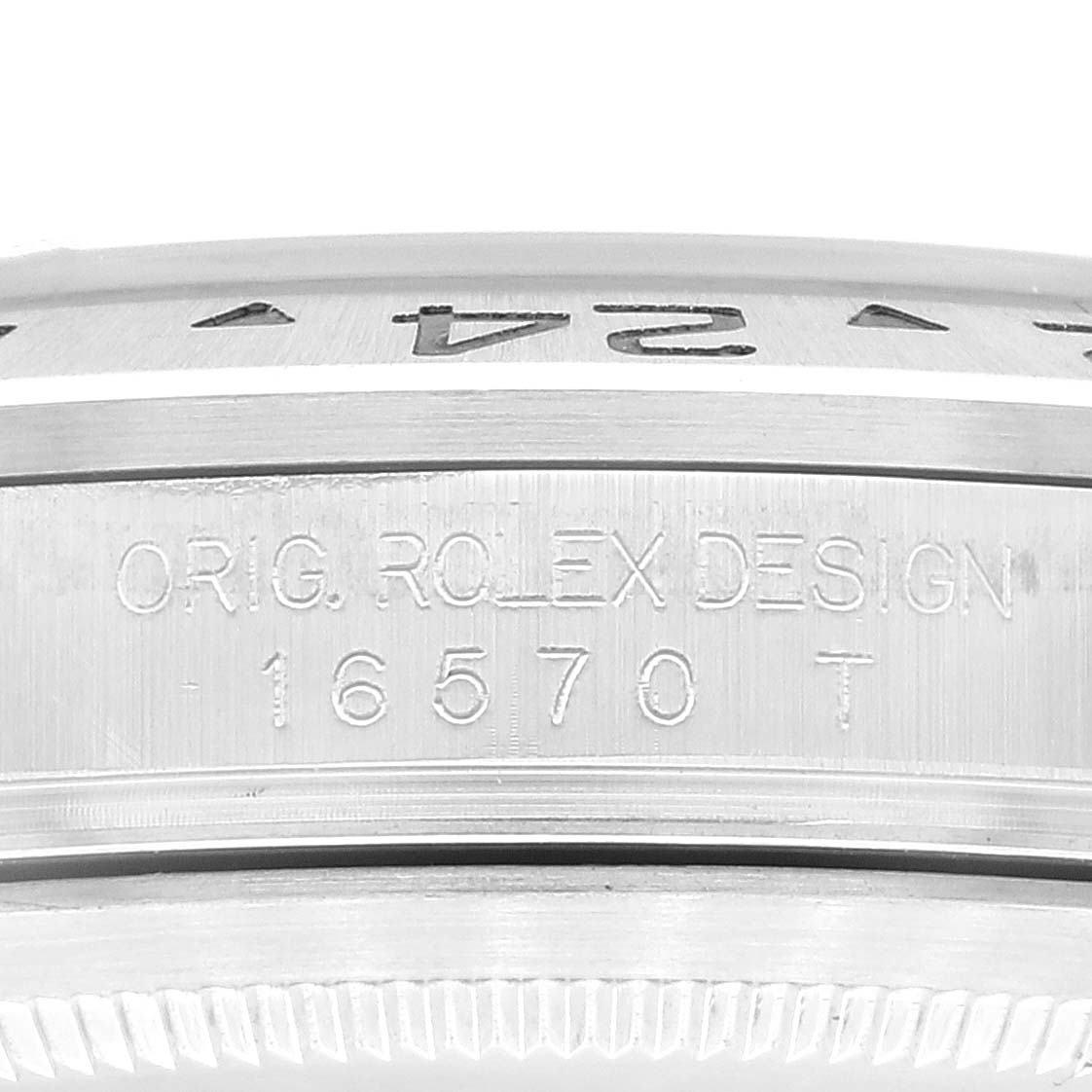 The image shows a close-up angle of the side of a Rolex Explorer 16570T Men
s Stainless Steel Black Dial 16570T Men
s Stainless Steel Black Dial watch model number 16570, highlighting the engraving on the bezel and case.