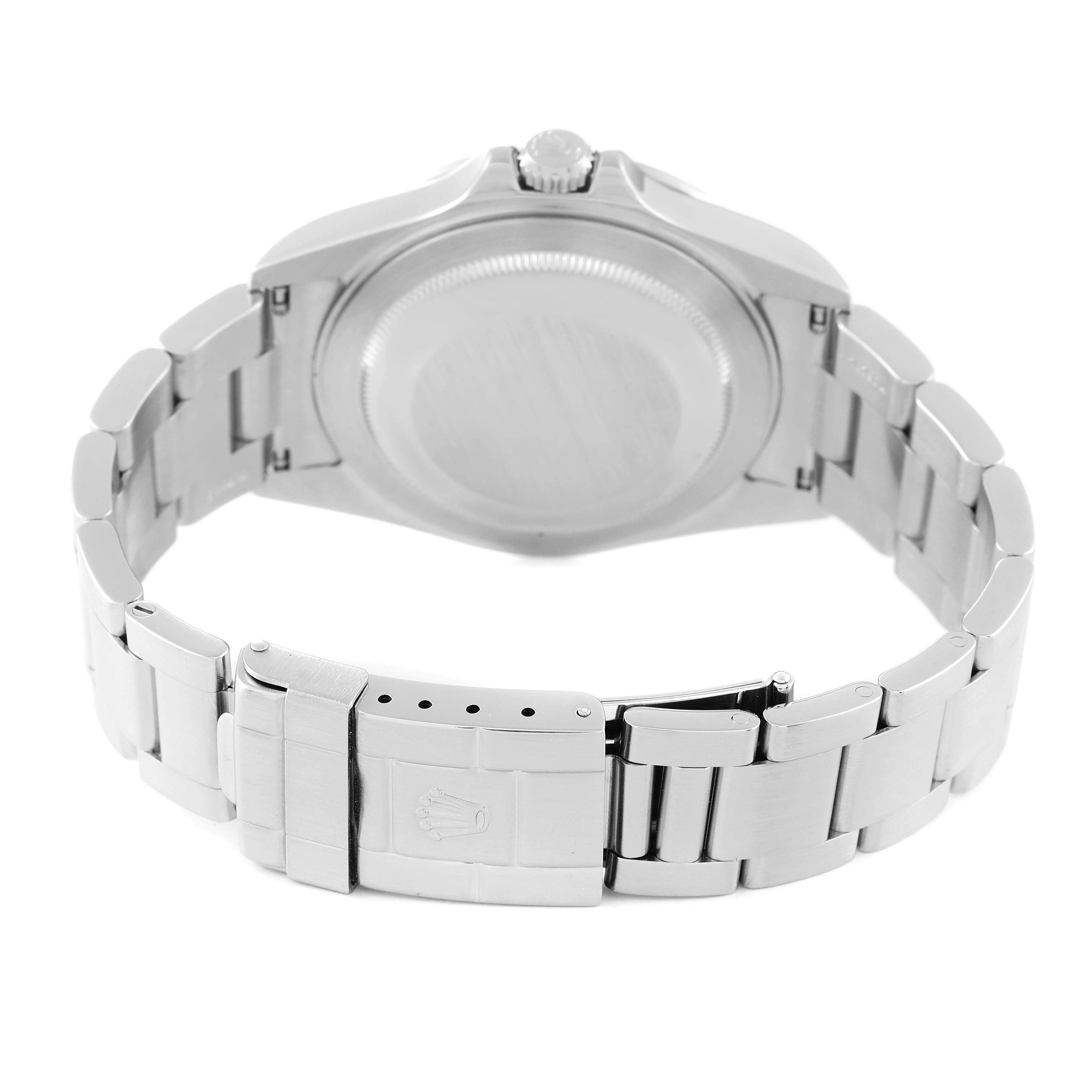 This image shows the back side and clasp of a Rolex Explorer 16570T Men
s Stainless Steel Black Dial 16570T Men
s Stainless Steel Black Dial watch.