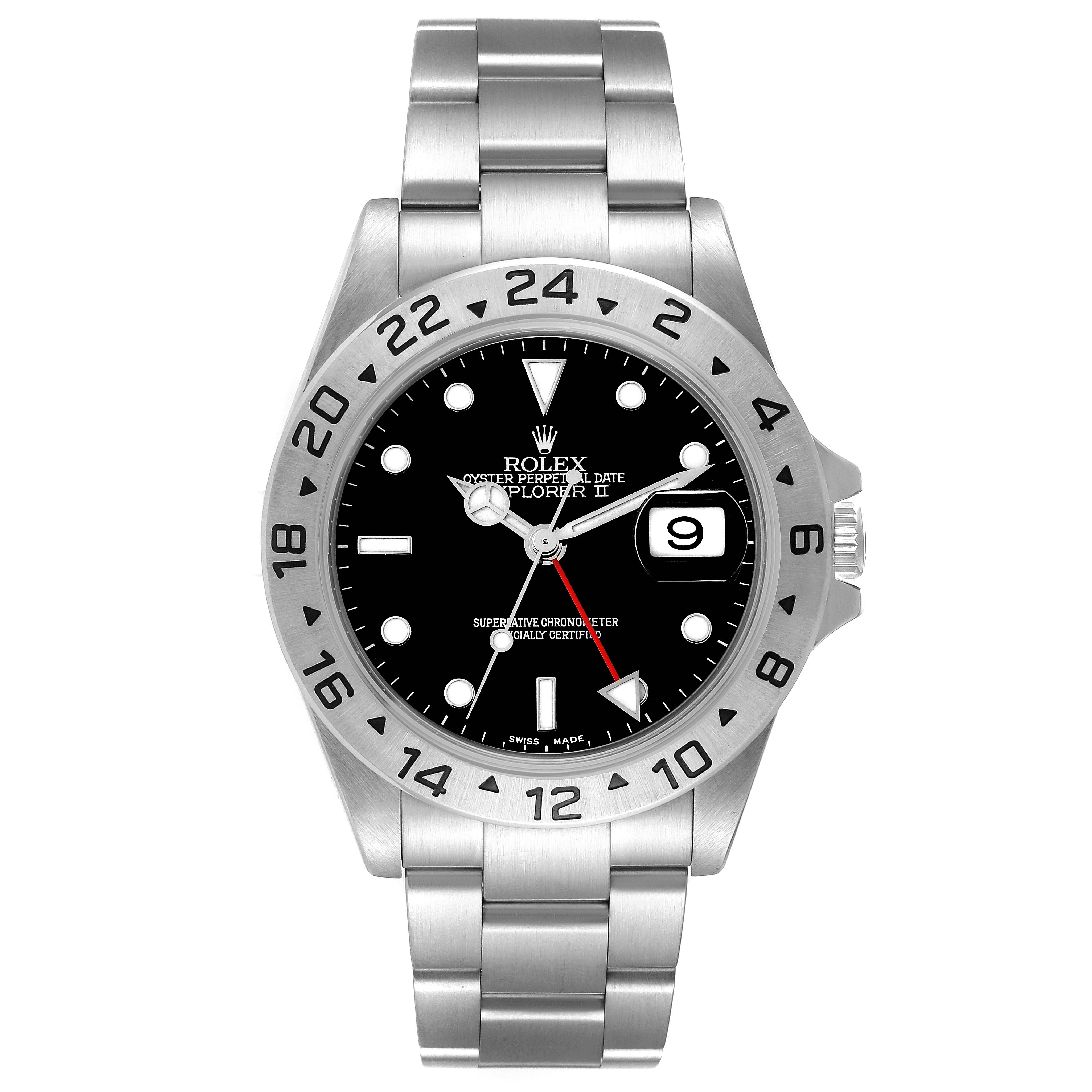 The image shows a frontal view of a Rolex Explorer 16570T Men
s Stainless Steel Black Dial 16570T Men
s Stainless Steel Black Dial watch, displaying the face, bezel, bracelet, and crown.
