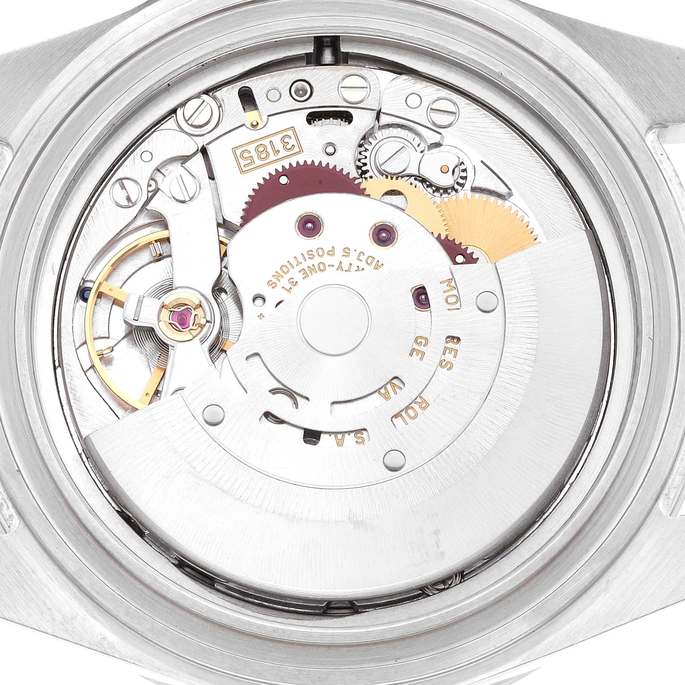 This image shows the internal movement mechanism of a Rolex Explorer 16570T Men
s Stainless Steel Black Dial 16570T Men
s Stainless Steel Black Dial watch, viewed from the back with the case removed.