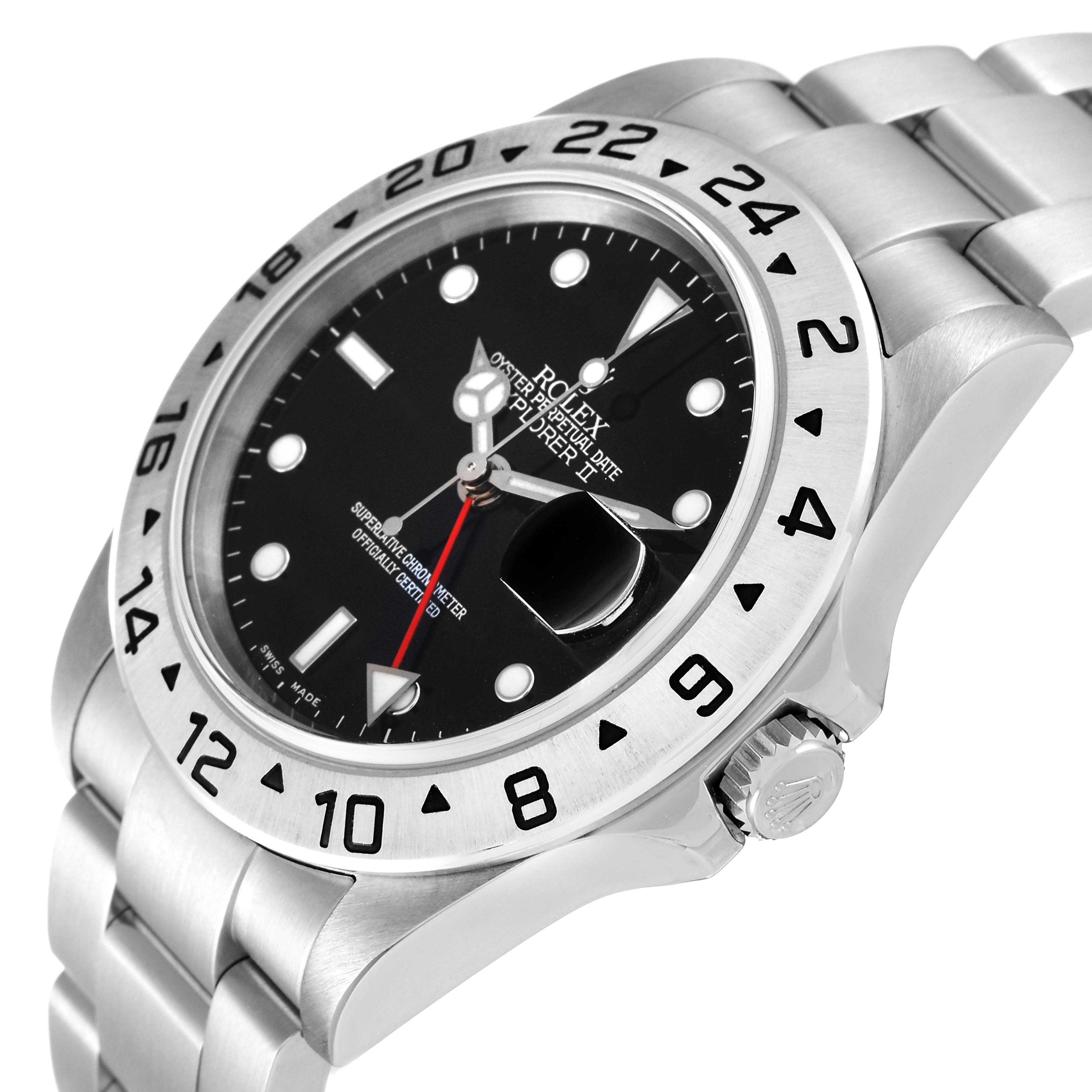 This image shows a side angle of the Rolex Explorer 16570T Men
s Stainless Steel Black Dial 16570T Men
s Stainless Steel Black Dial II, highlighting the dial, bezel, crown, and part of the bracelet.
