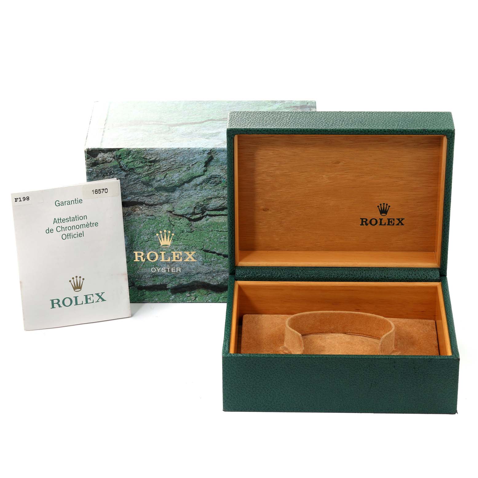 This image shows a Rolex Explorer 16570T Men
s Stainless Steel Black Dial 16570T Men
s Stainless Steel Black Dial watch box, an outer box, and a guarantee booklet.