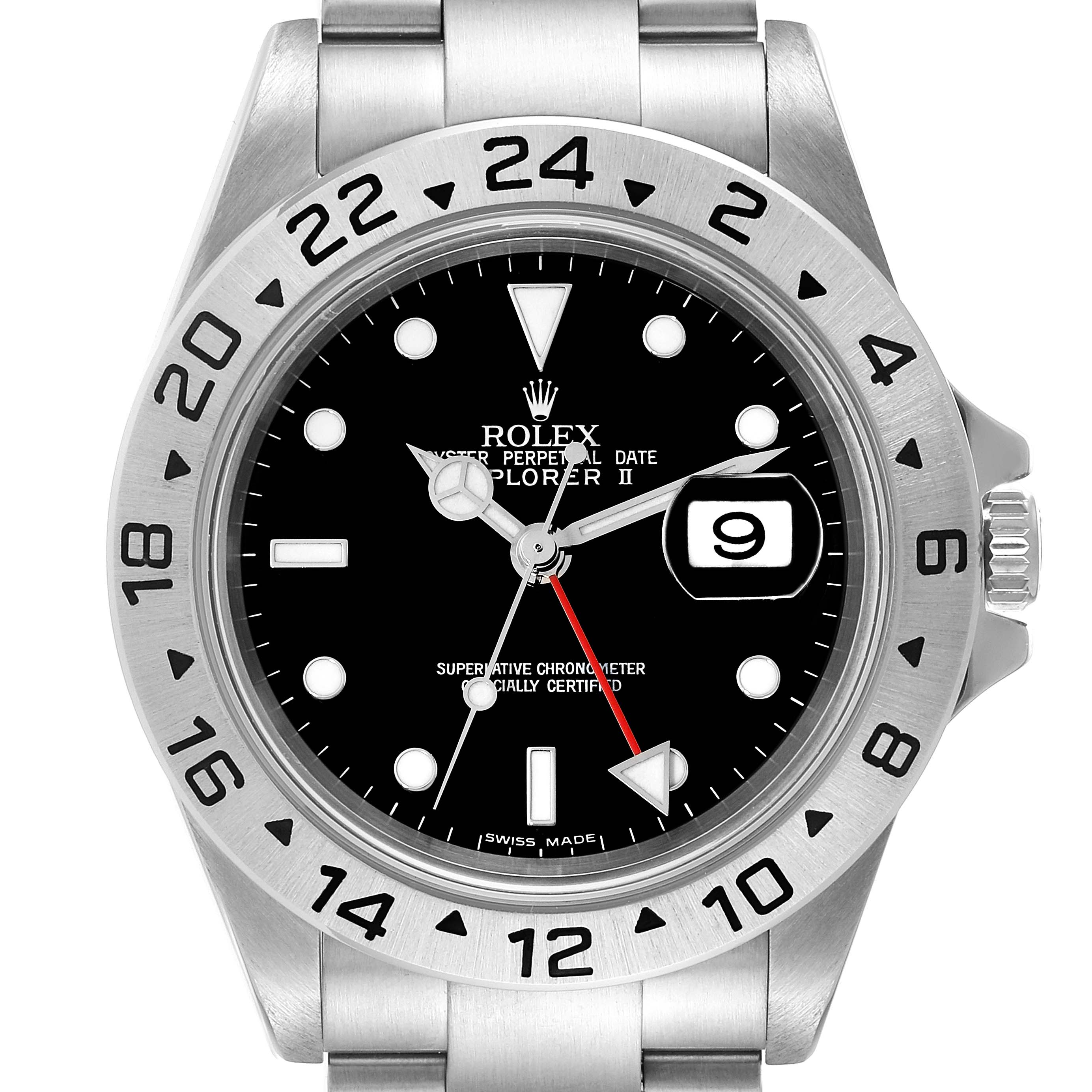 This Rolex Explorer 16570T Men
s Stainless Steel Black Dial 16570T Men
s Stainless Steel Black Dial watch is shown from a front angle, highlighting the dial, bezel, hands, and date window.