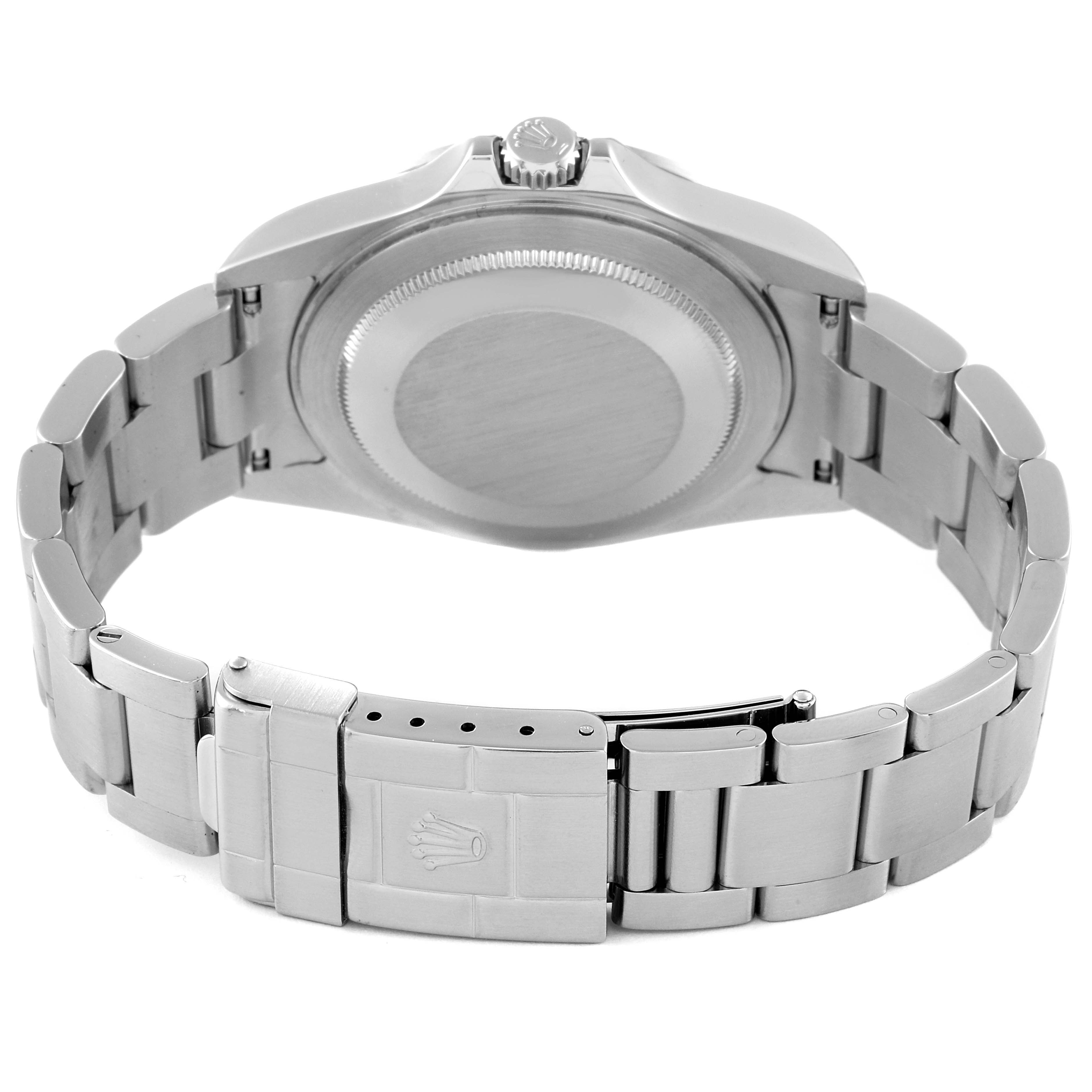 This image shows the back view of the Rolex Explorer 16570T Men
s Stainless Steel Black Dial 16570T Men
s Stainless Steel Black Dial watch, highlighting its case back and bracelet clasp.