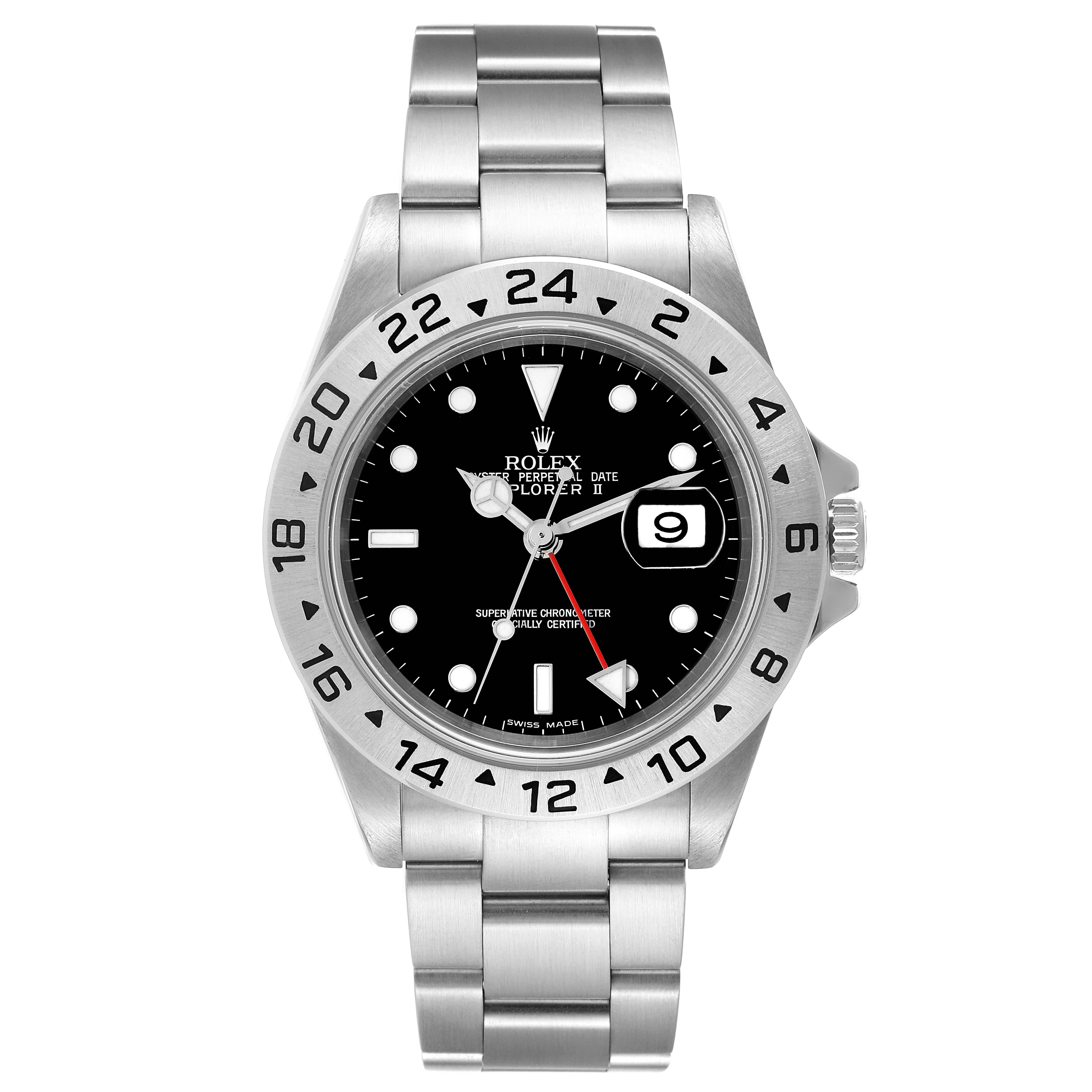 This image shows a front view of a Rolex Explorer 16570T Men
s Stainless Steel Black Dial 16570T Men
s Stainless Steel Black Dial watch, displaying the dial, bezel, case, bracelet, and crown.
