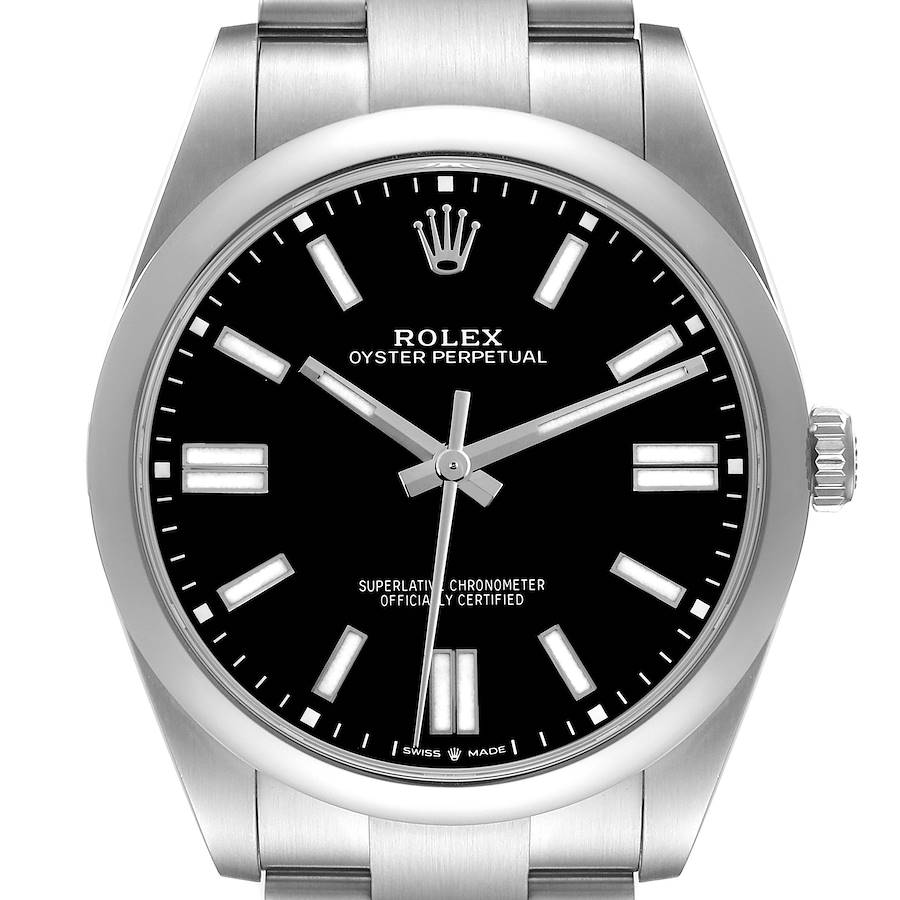 The Rolex Oyster Perpetual watch is shown from the front, displaying its black dial and silver bracelet.