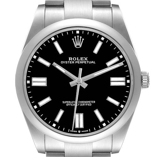 The Rolex Oyster Perpetual is shown from a front angle, displaying its face, bezel, crown, and part of the bracelet.