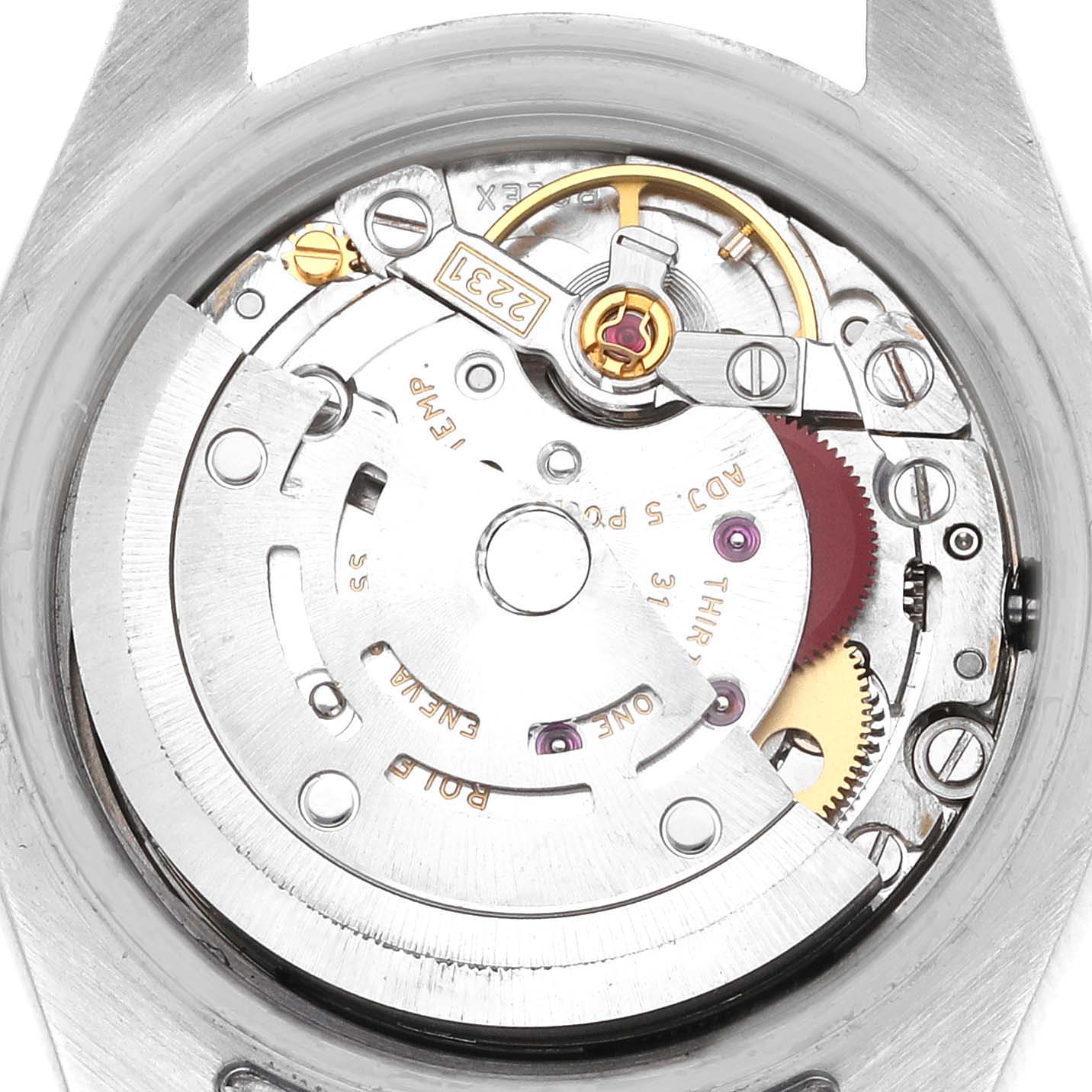 The image shows the internal mechanical movement of a Rolex Oyster Perpetual 176200 Women's Stainless Steel Silver Dial 176200 Women's Stainless Steel Silver Dial, viewed from the back.