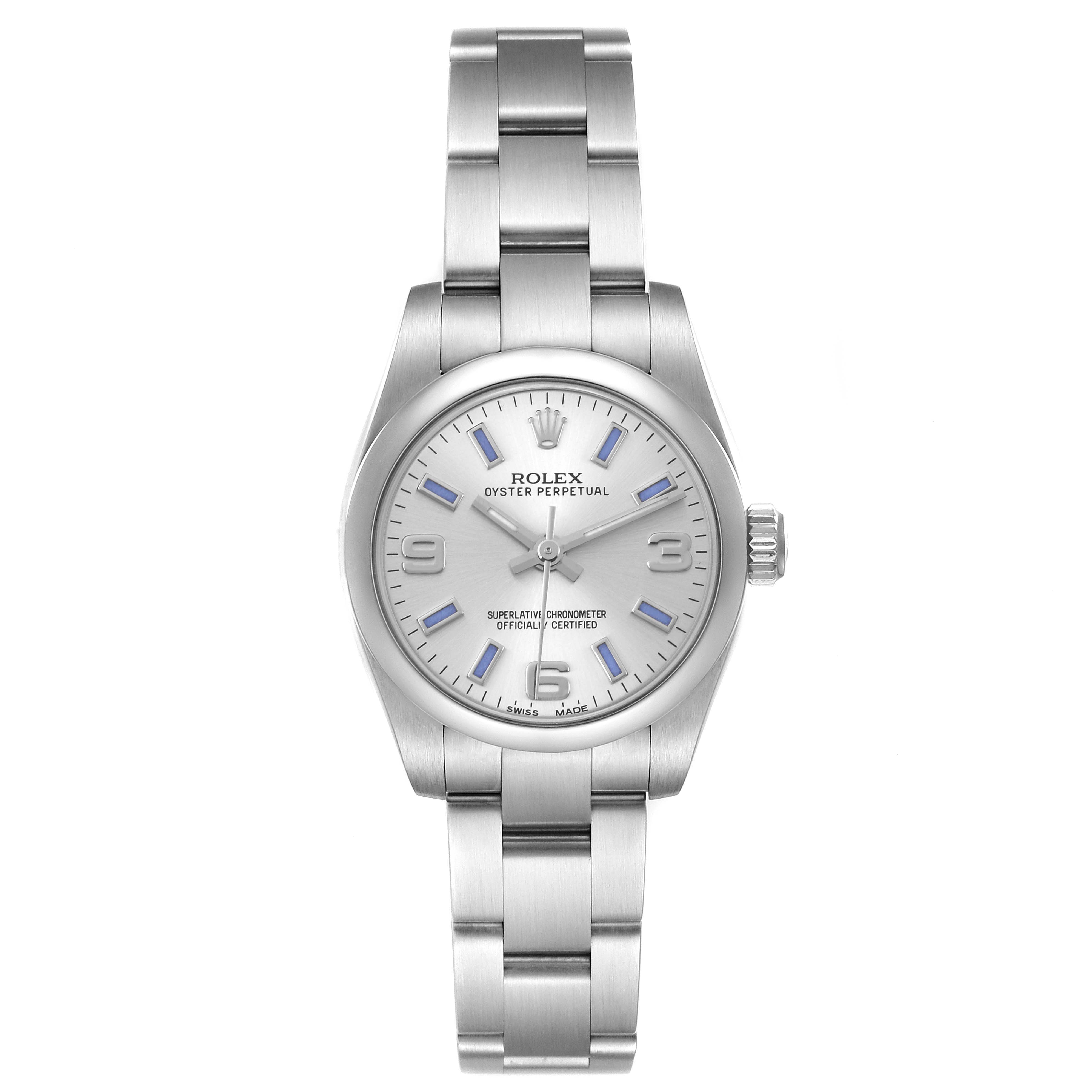 The Rolex Oyster Perpetual 176200 Women's Stainless Steel Silver Dial 176200 Women's Stainless Steel Silver Dial watch is shown from a top-down angle, highlighting the dial, case, and bracelet.