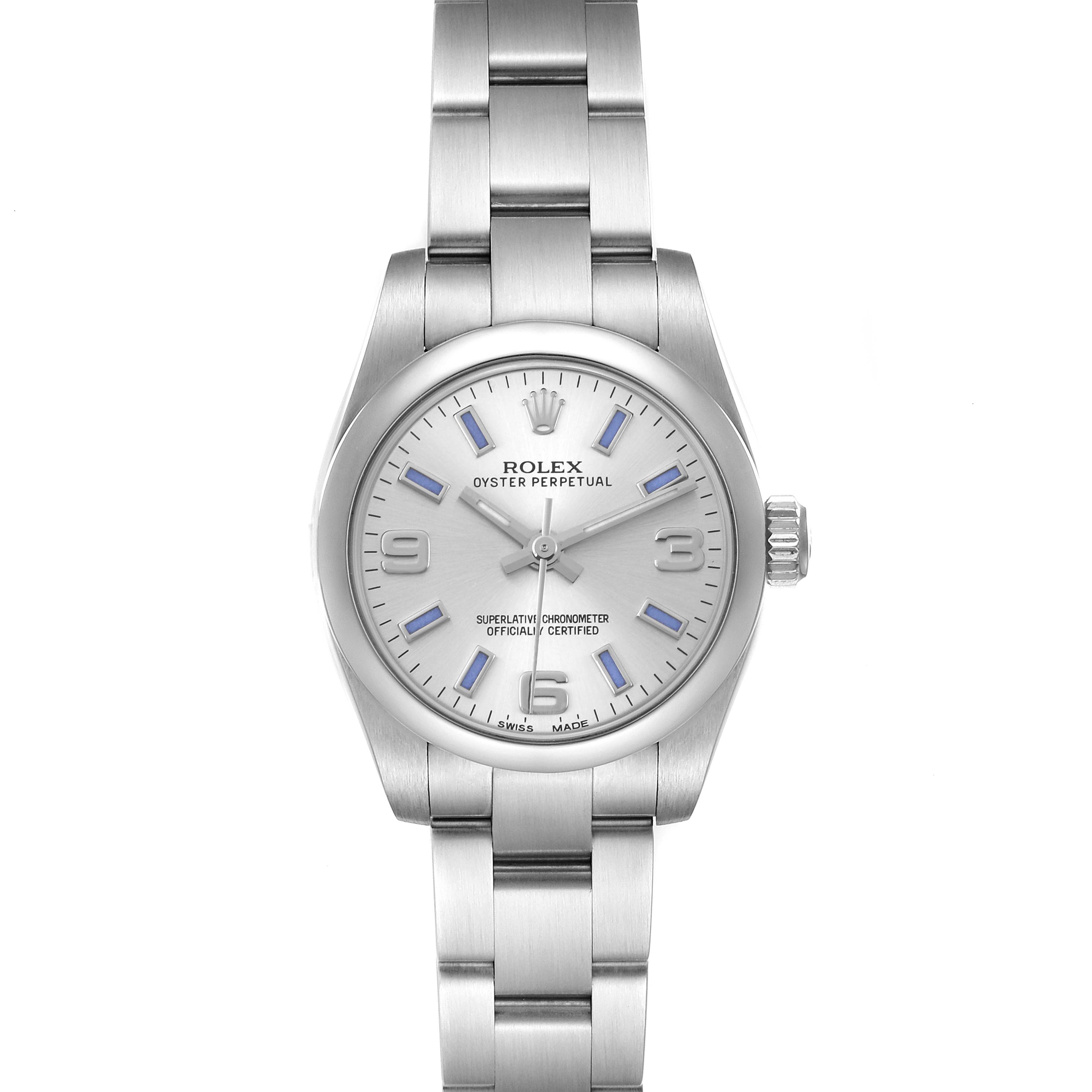The Rolex Oyster Perpetual 176200 Women's Stainless Steel Silver Dial 176200 Women's Stainless Steel Silver Dial watch is shown from a frontal angle, displaying the silver dial, hour markers, hands, and the bracelet.
