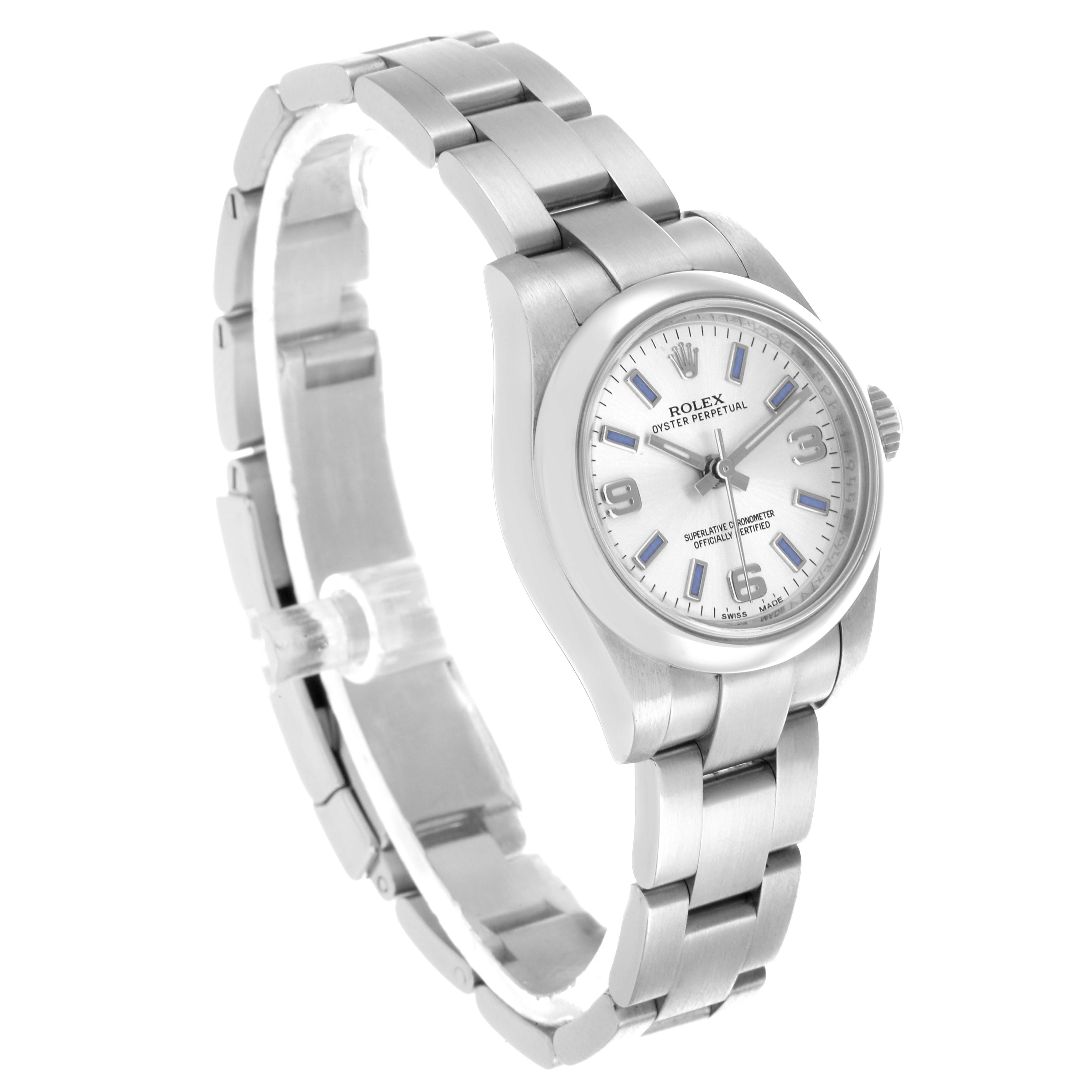 The Rolex Oyster Perpetual 176200 Women's Stainless Steel Silver Dial 176200 Women's Stainless Steel Silver Dial watch is shown from a three-quarter angle, highlighting the bracelet, dial, and bezel.