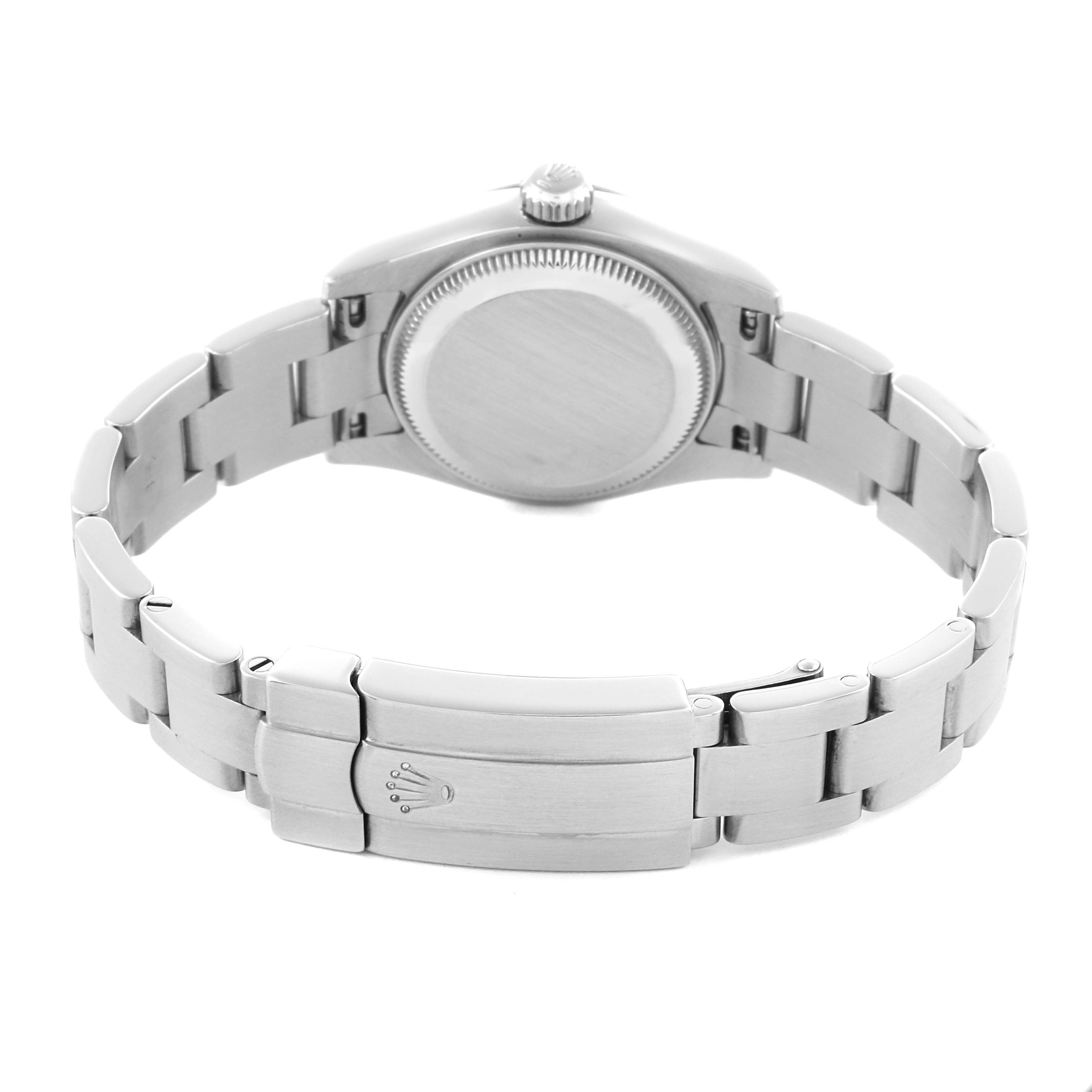 The Rolex Oyster Perpetual 176200 Women's Stainless Steel Silver Dial 176200 Women's Stainless Steel Silver Dial watch is shown from the back, displaying the bracelet and clasp.