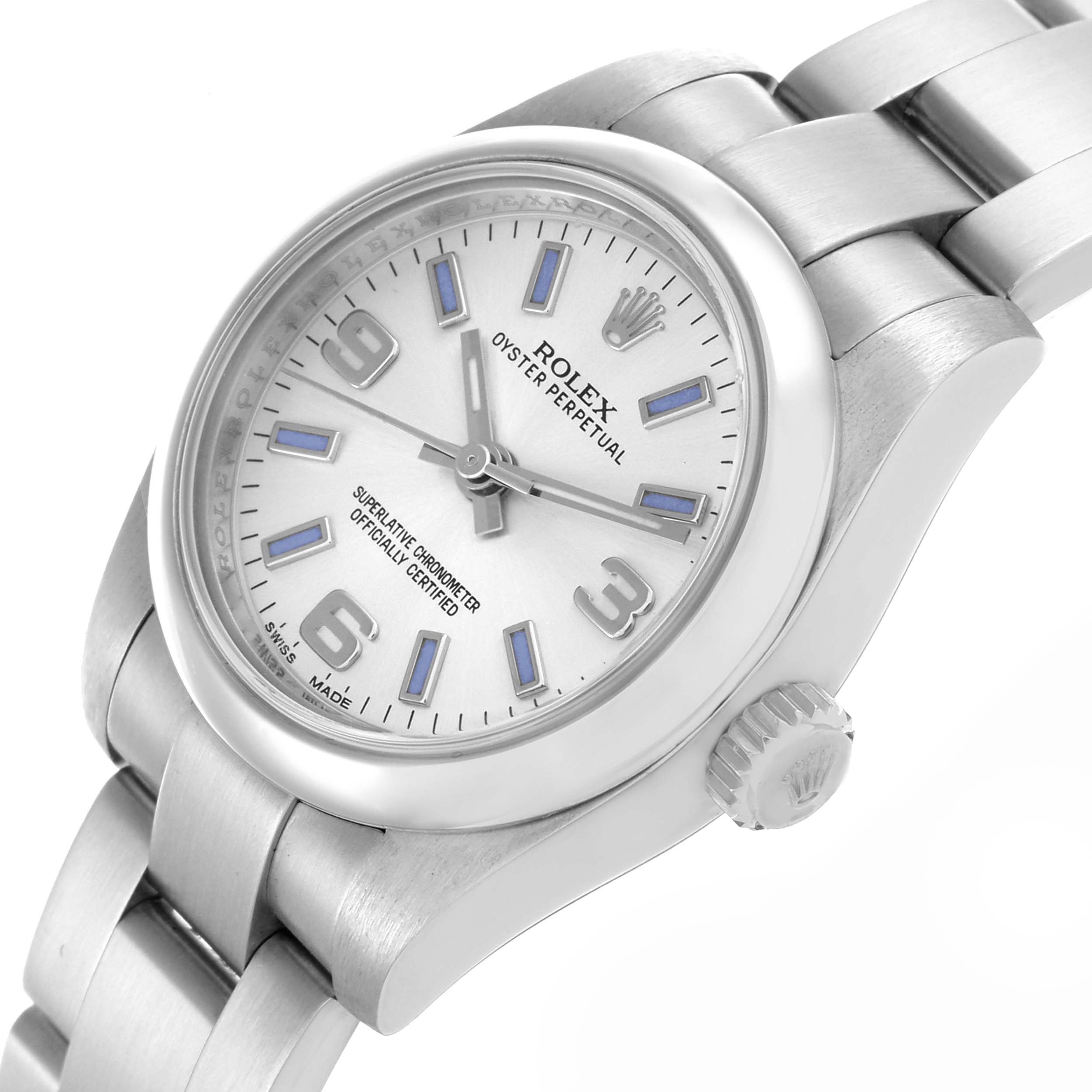 The Rolex Oyster Perpetual 176200 Women's Stainless Steel Silver Dial 176200 Women's Stainless Steel Silver Dial watch is shown at an angled side view displaying the dial, crown, and part of the bracelet.