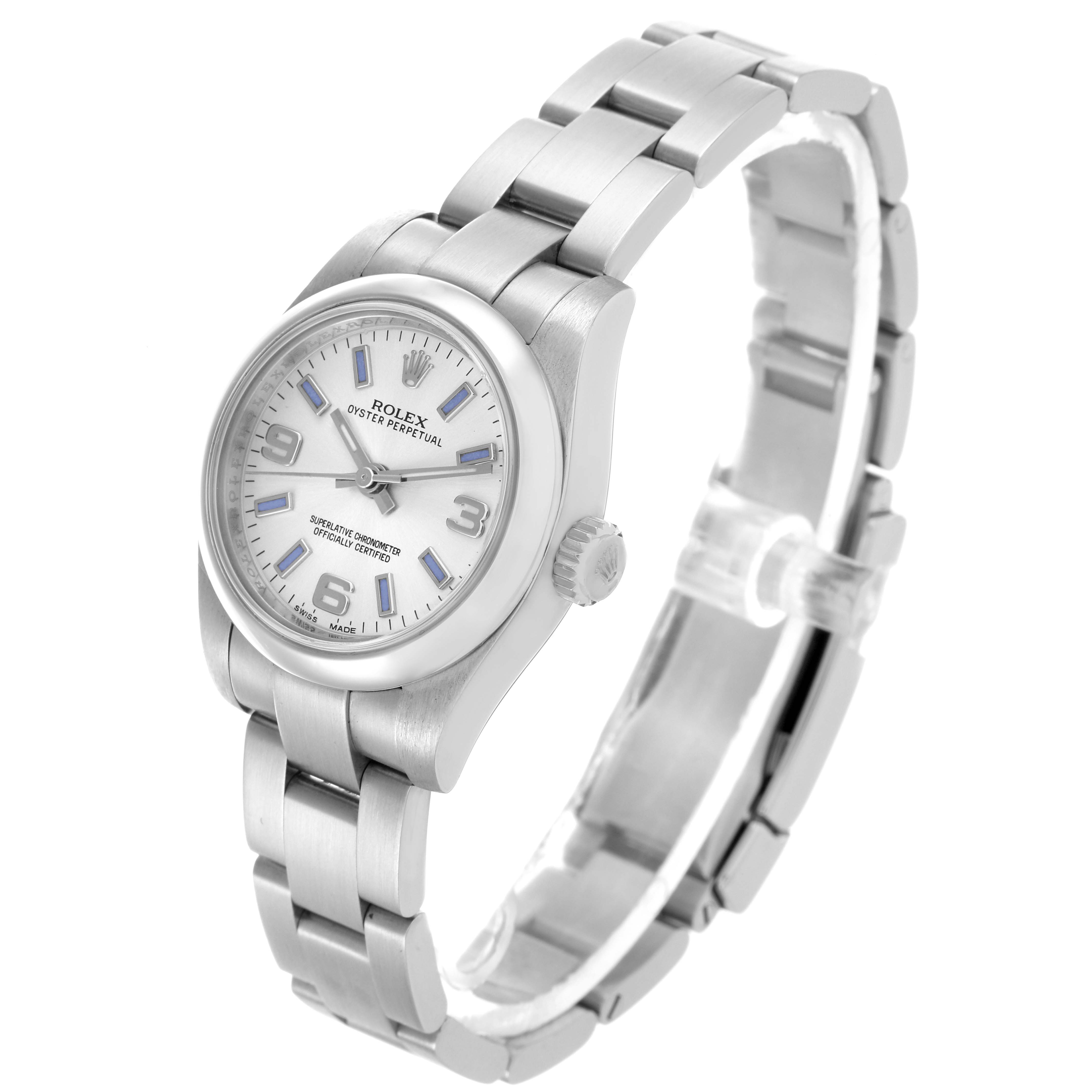 The Rolex Oyster Perpetual 176200 Women's Stainless Steel Silver Dial 176200 Women's Stainless Steel Silver Dial watch is shown at a slight angle, displaying the dial, crown, and stainless steel bracelet.