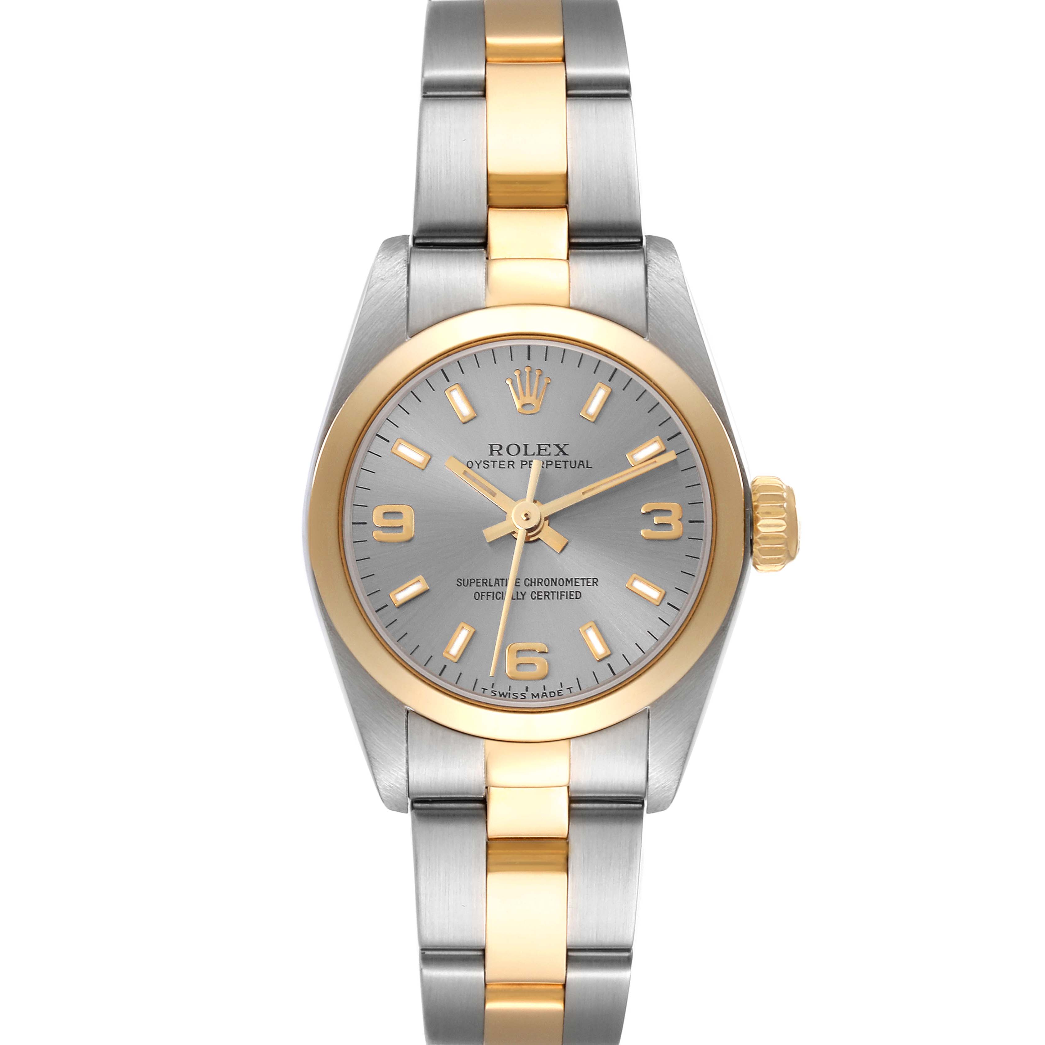 The Rolex Oyster Perpetual 67183 Women's Steel and Gold (two tone) Grey Dial 67183 Women's Steel and Gold (two tone) Grey Dial watch is shown from a top-down angle, highlighting its dial, bezel, and bracelet.