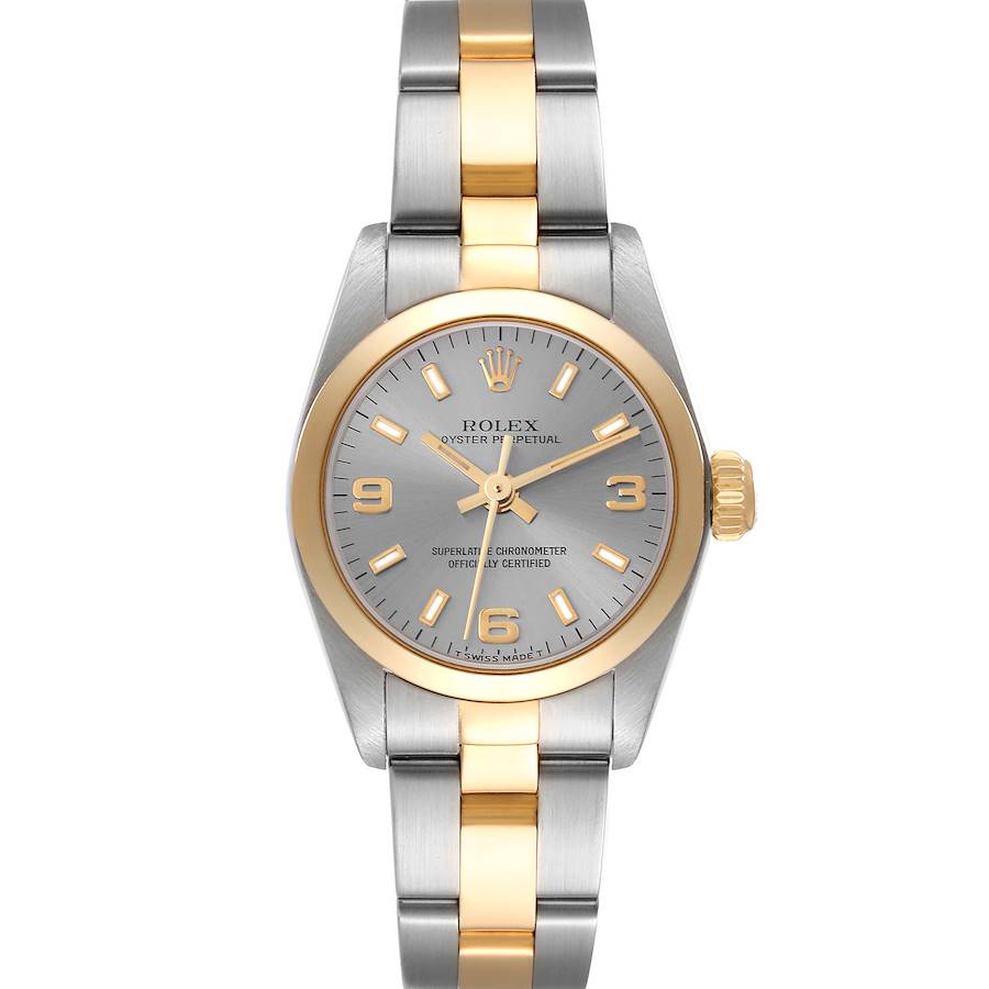 The Rolex Oyster Perpetual watch is shown from a top-down angle, highlighting its dial, bezel, and bracelet.