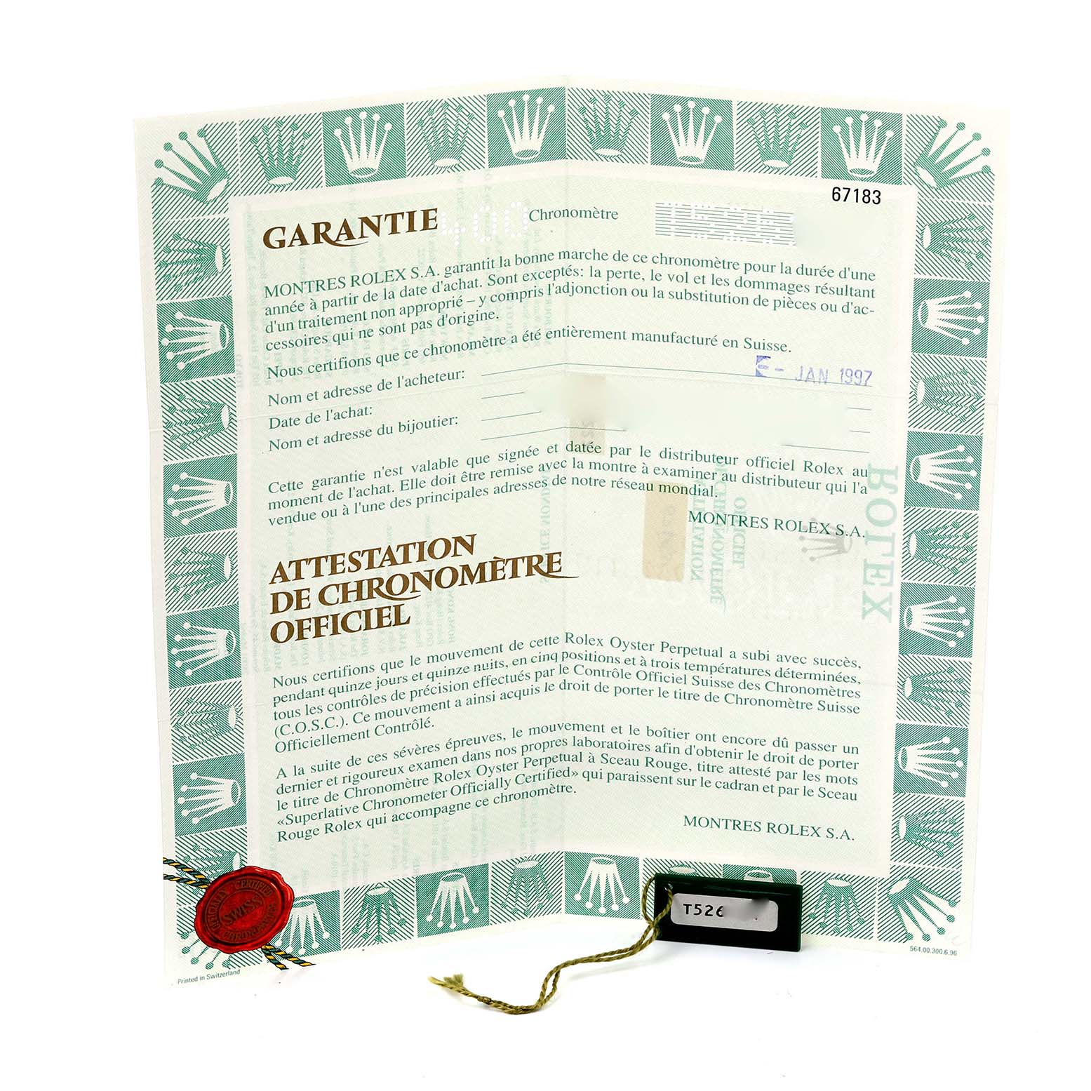 The image shows a warranty document for the Rolex Oyster Perpetual 67183 Women's Steel and Gold (two tone) Grey Dial 67183 Women's Steel and Gold (two tone) Grey Dial watch.