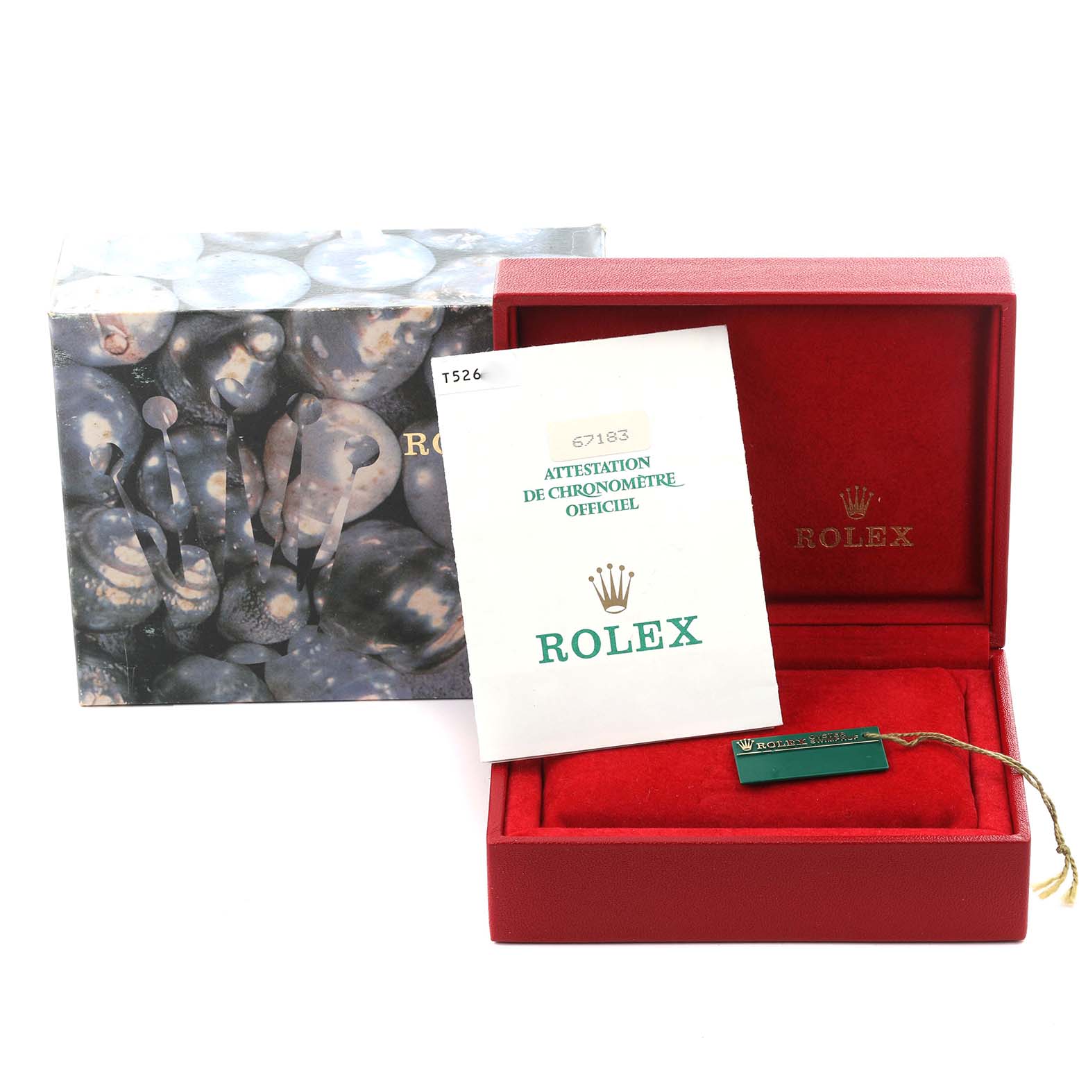 The image shows the box and official certification for a Rolex Oyster Perpetual 67183 Women's Steel and Gold (two tone) Grey Dial 67183 Women's Steel and Gold (two tone) Grey Dial watch, without the watch displayed.