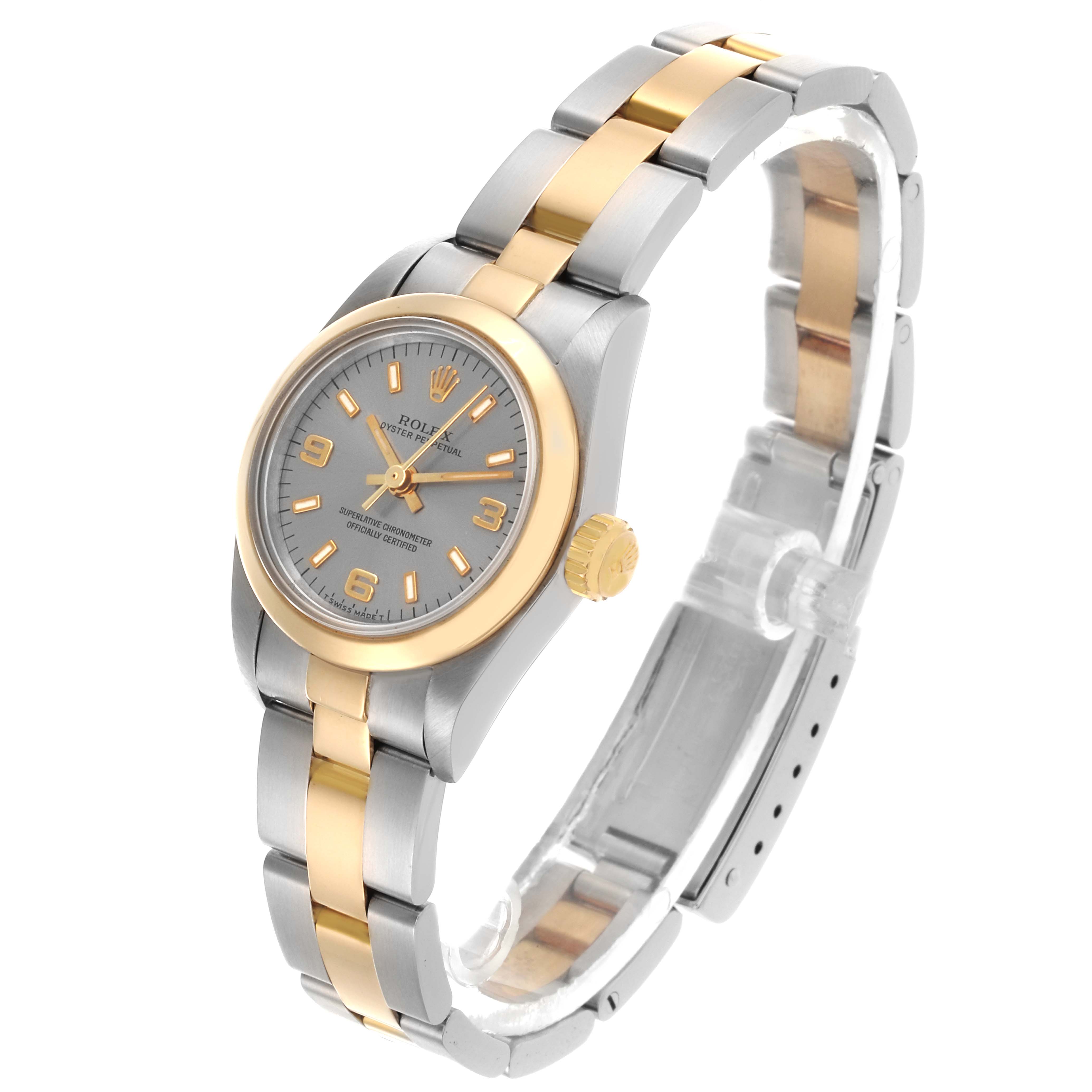 The Rolex Oyster Perpetual 67183 Women's Steel and Gold (two tone) Grey Dial 67183 Women's Steel and Gold (two tone) Grey Dial watch is shown at a three-quarter angle, highlighting the face, bezel, bracelet, and crown.
