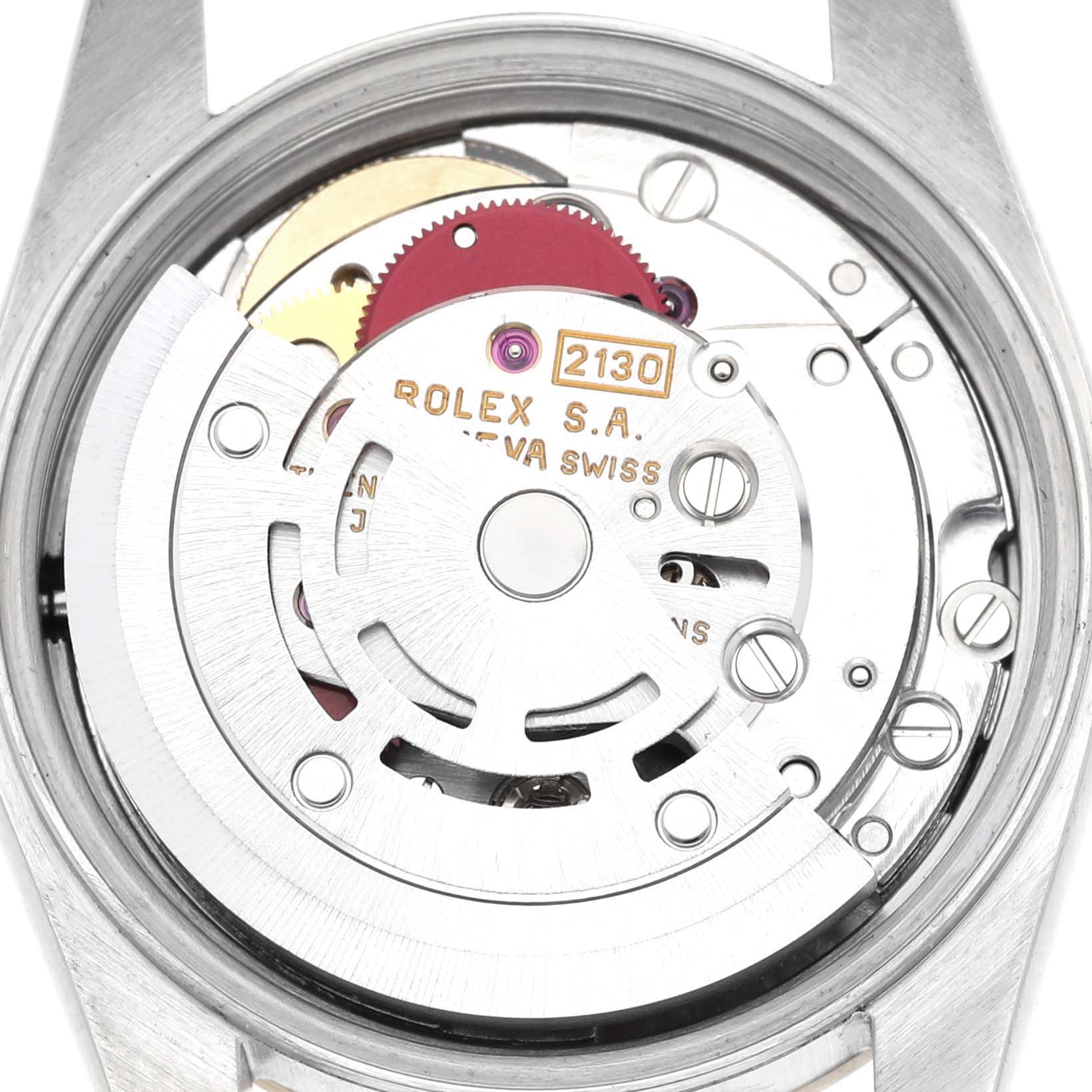 The image shows the movement mechanism of the Rolex Oyster Perpetual 67183 Women's Steel and Gold (two tone) Grey Dial 67183 Women's Steel and Gold (two tone) Grey Dial from a rear angle.